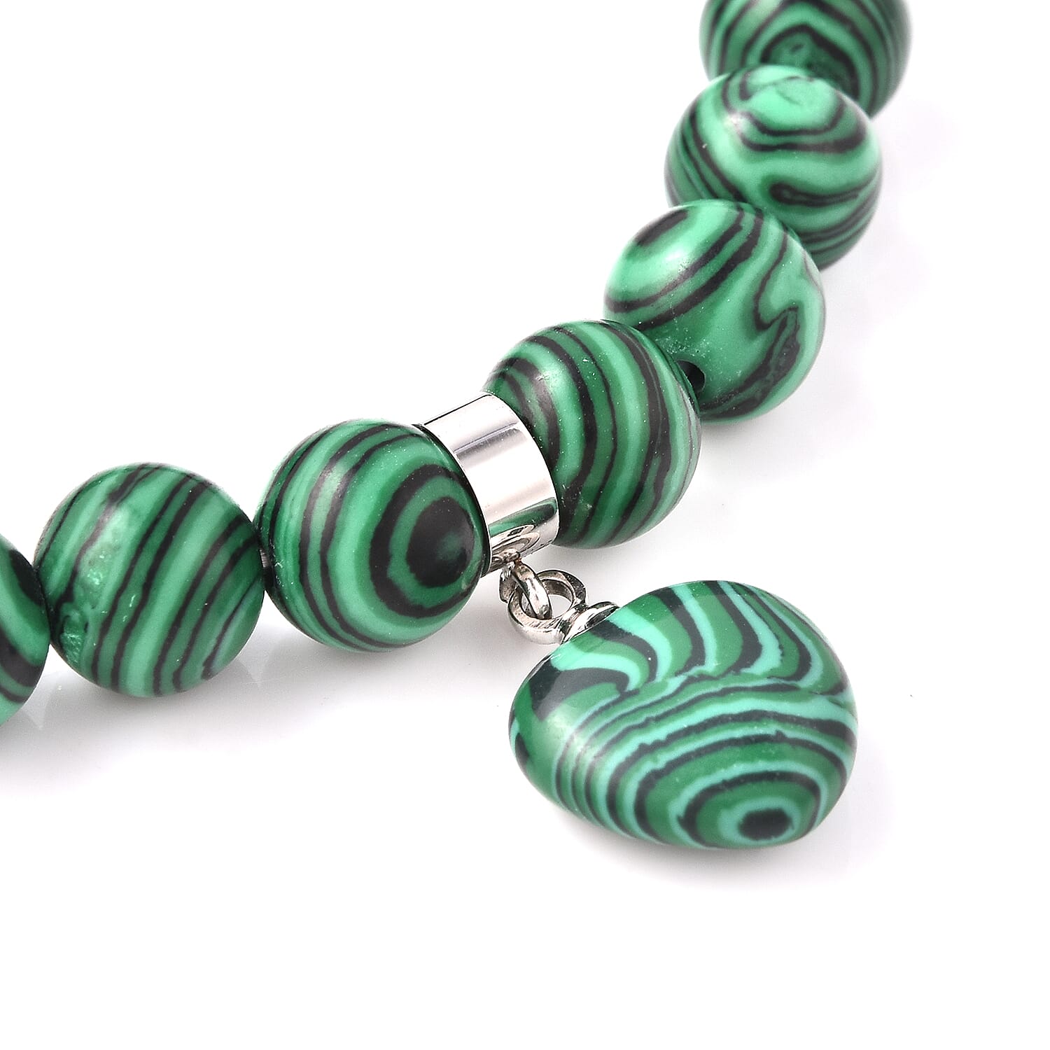 Simulated Malachite, White Austrian Crystal Stretchable Bracelet in Stainless Steel (Size 7)