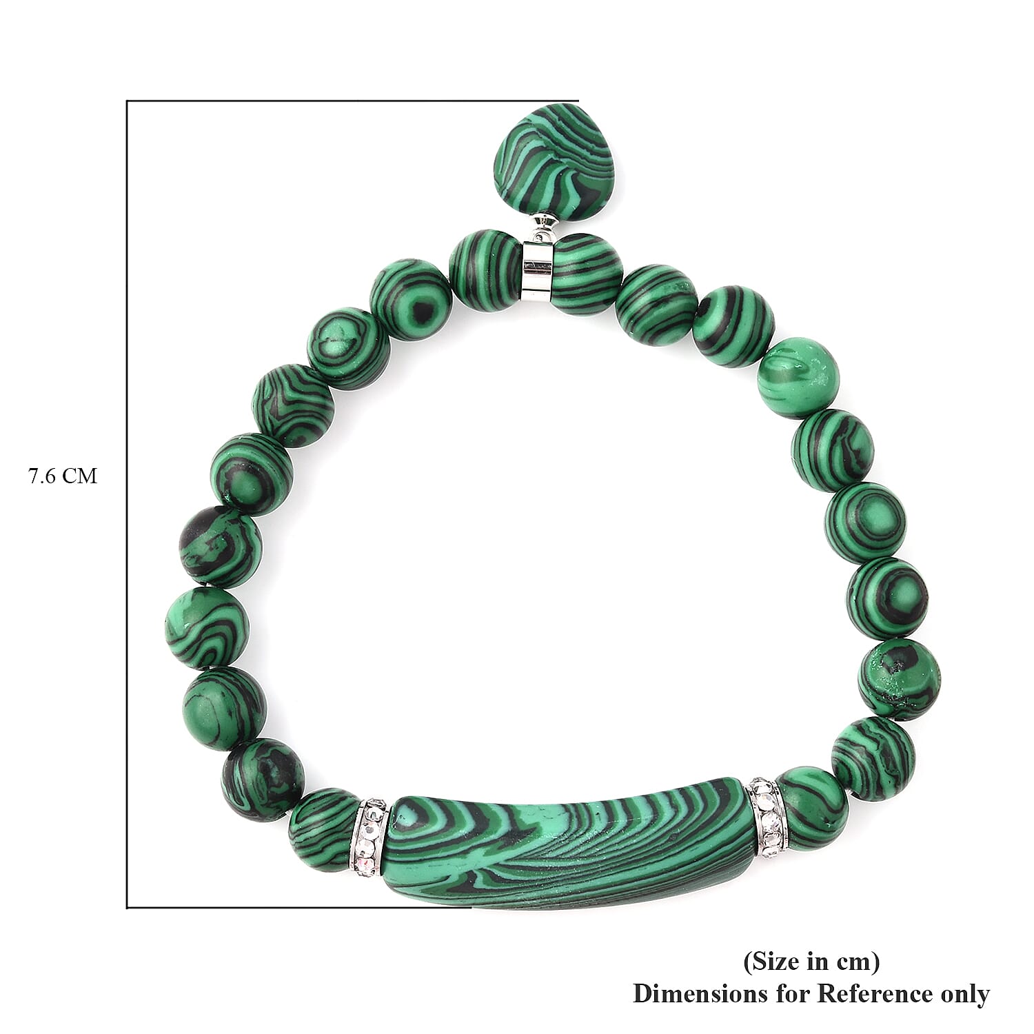 Simulated Malachite, White Austrian Crystal Stretchable Bracelet in Stainless Steel (Size 7)