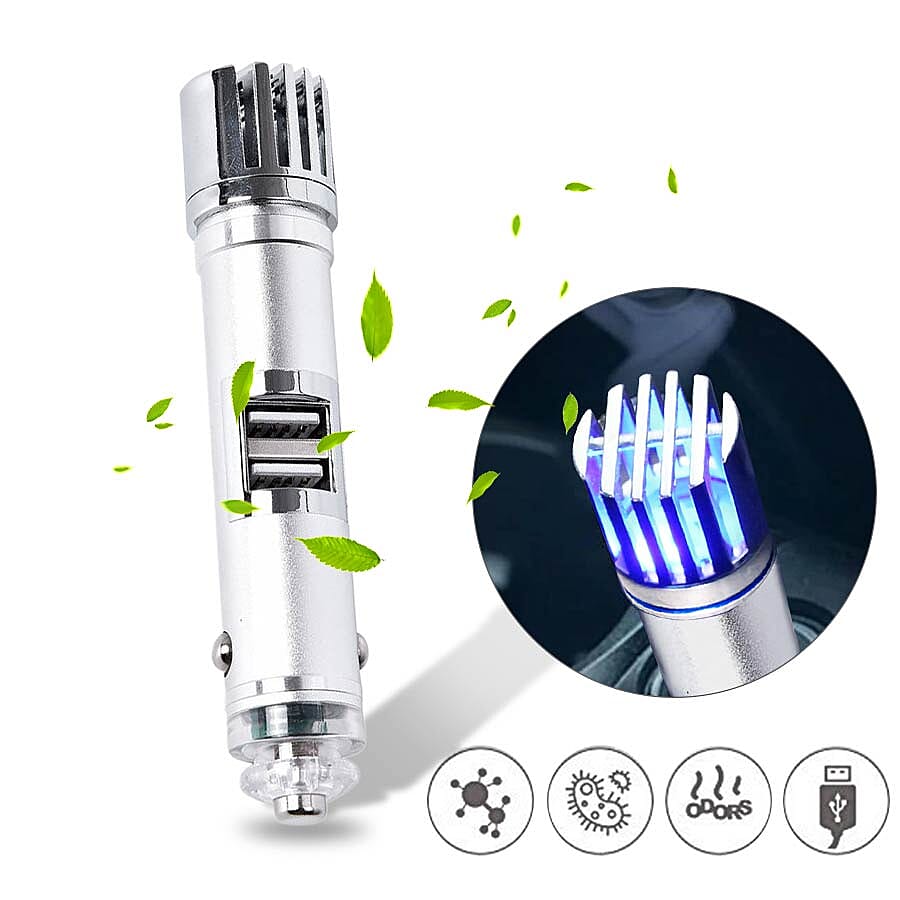 2-in-1 Car Air Purifier with USB Car Charger (11.7x11.7x2.5cm) - Grey