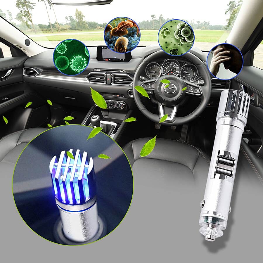 2-in-1 Car Air Purifier with USB Car Charger (11.7x11.7x2.5cm) - Grey