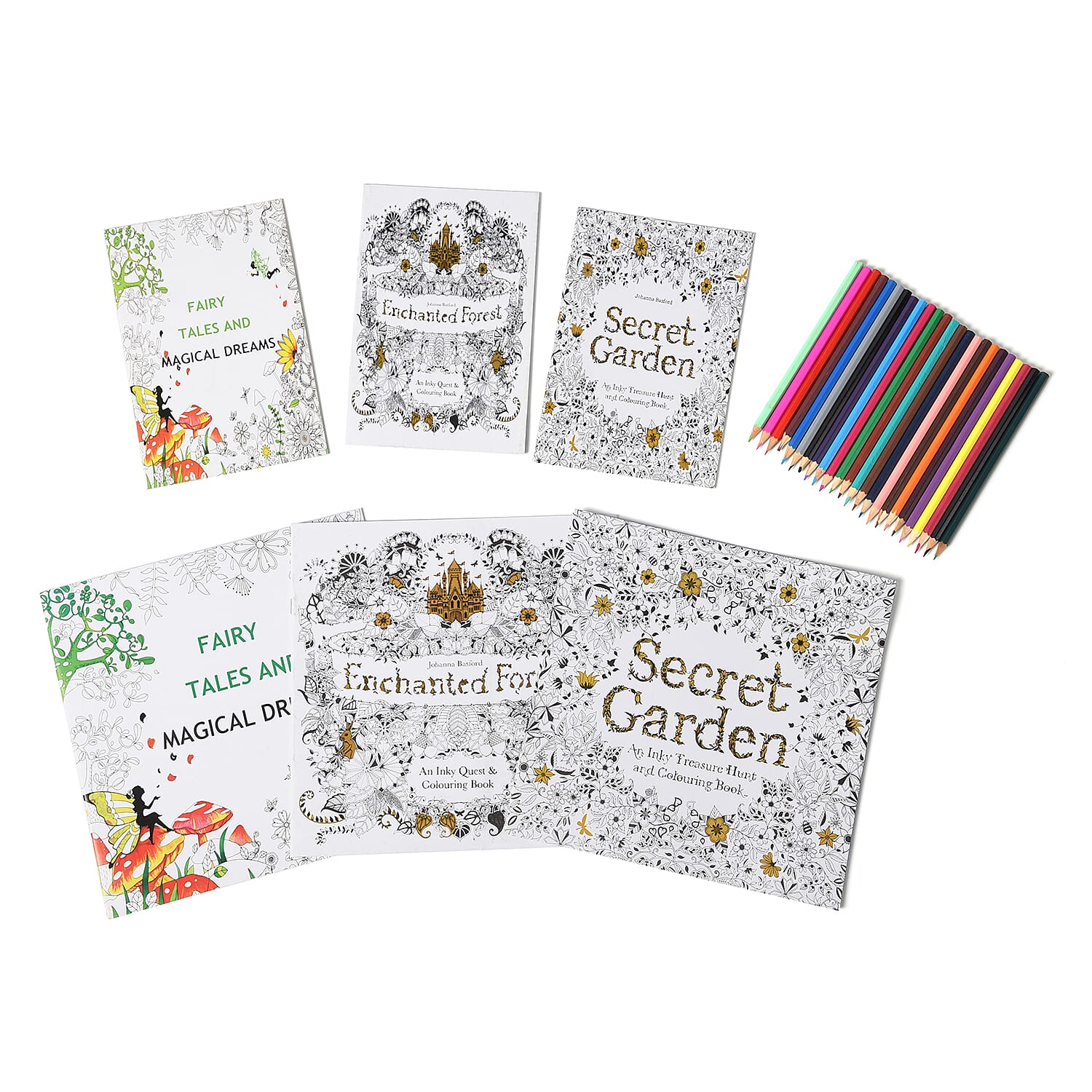 Set of 7 - Six Colouring Books with a Box of 24pcs Crayons (Fairy Tales and Magical Dreams, Secret Garden and Enchanted Forest)