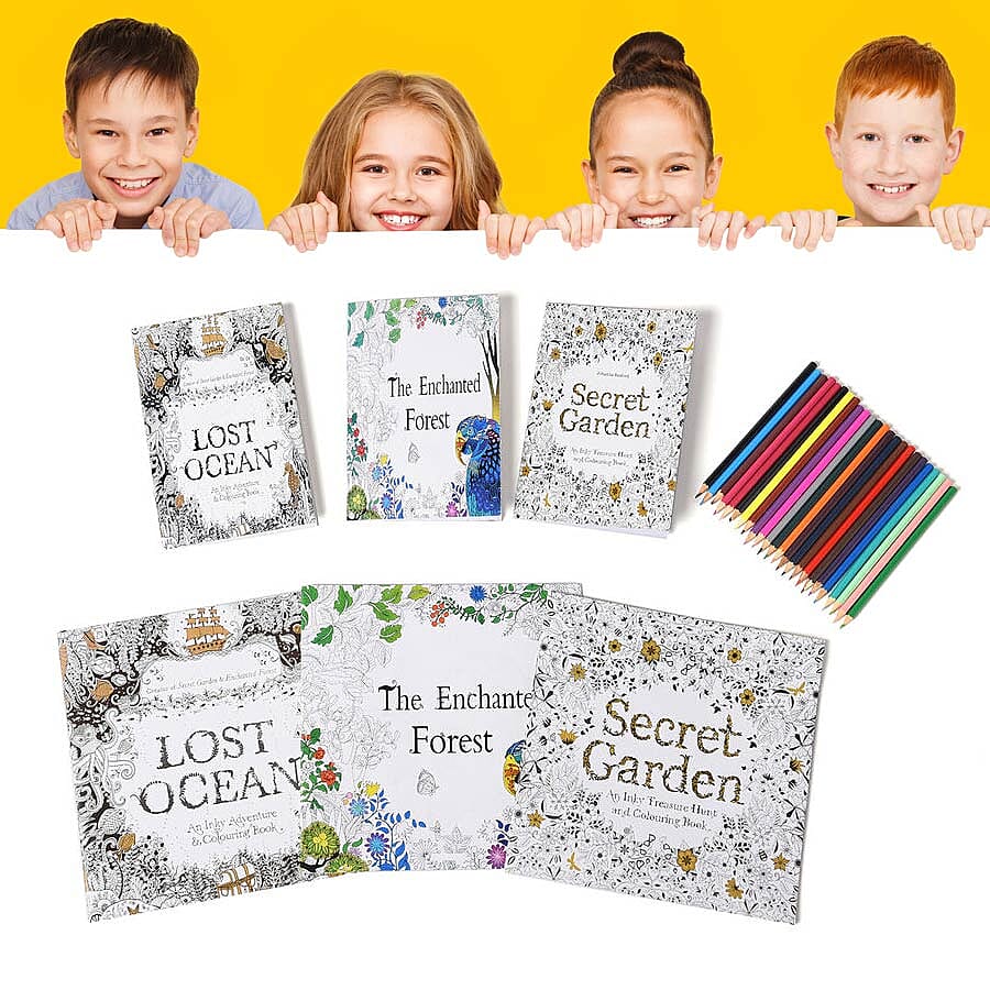 Set of 7 - Six Colouring Books with a Box of 24pcs Crayons (Lost Ocean, The Enchated Forest and Secret Garden)