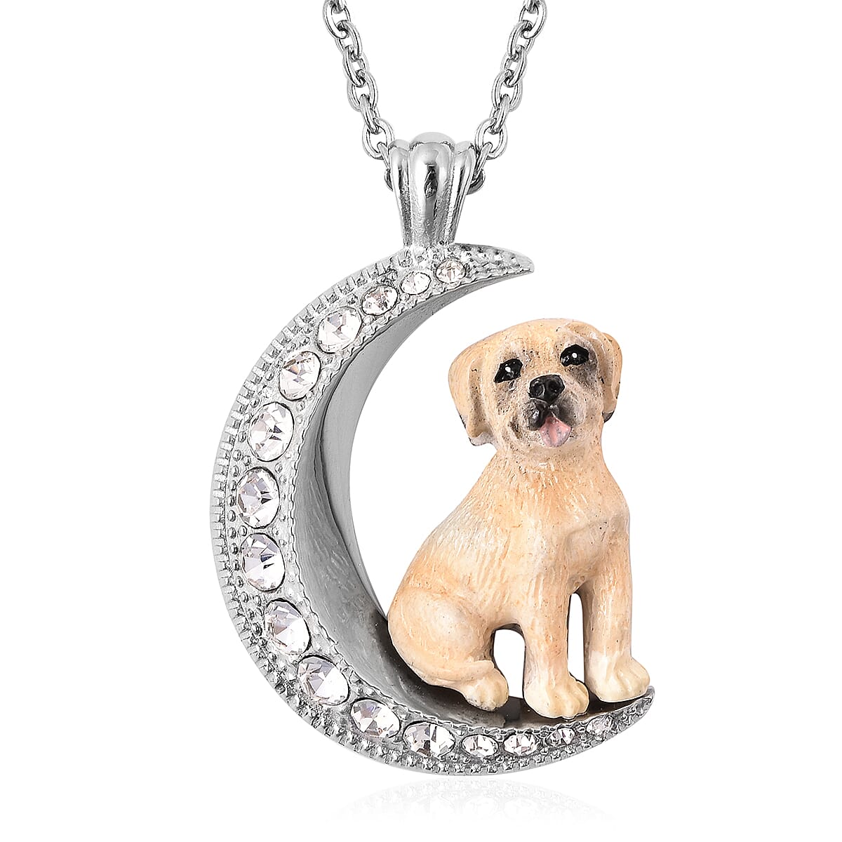 White Austrian Crystal Engraved Moon and Enamelled Labrador Dog Pendant with Chain (Size 20) in Stainless Steel