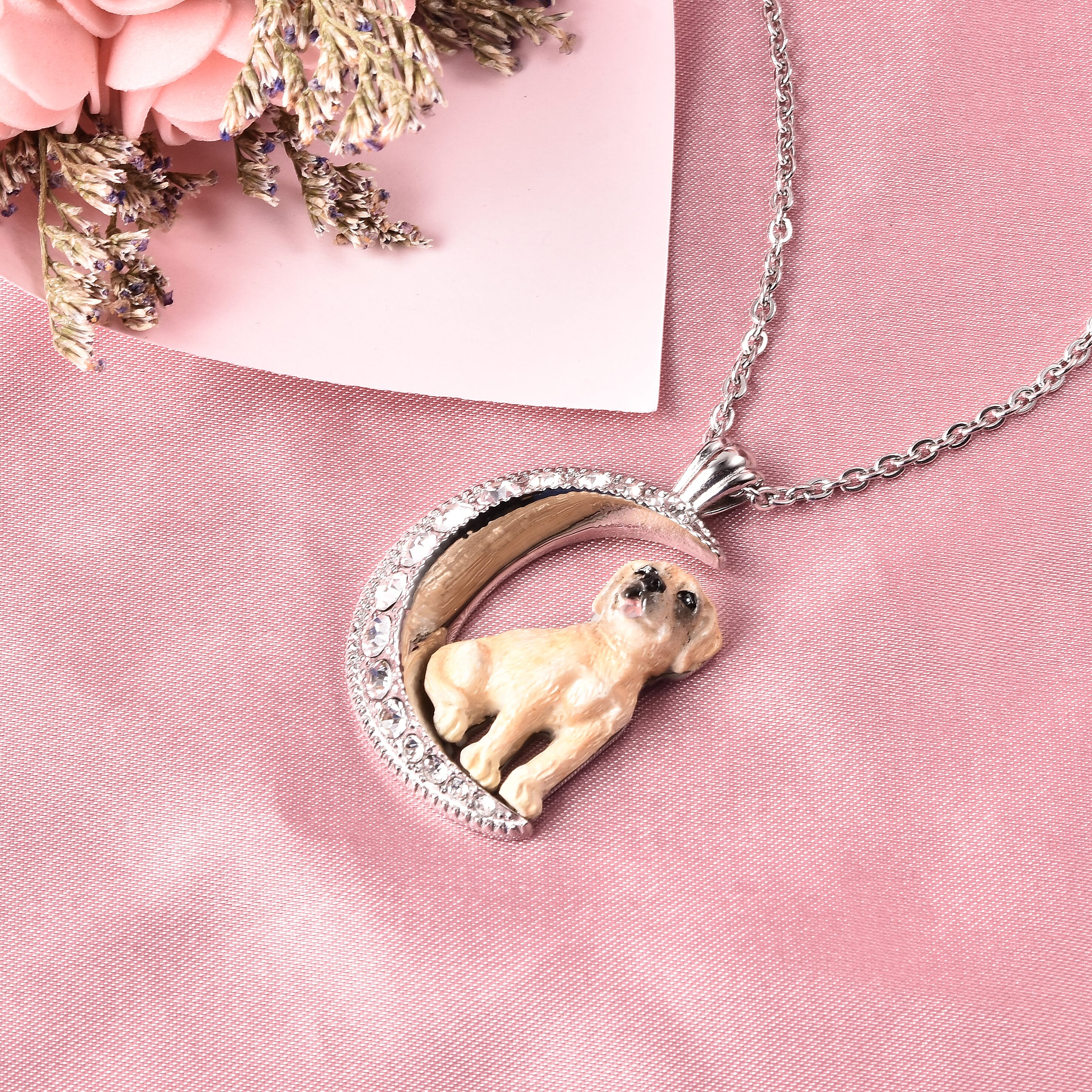 White Austrian Crystal Engraved Moon and Enamelled Labrador Dog Pendant with Chain (Size 20) in Stainless Steel