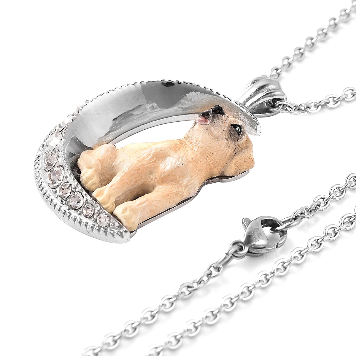 White Austrian Crystal Engraved Moon and Enamelled Labrador Dog Pendant with Chain (Size 20) in Stainless Steel