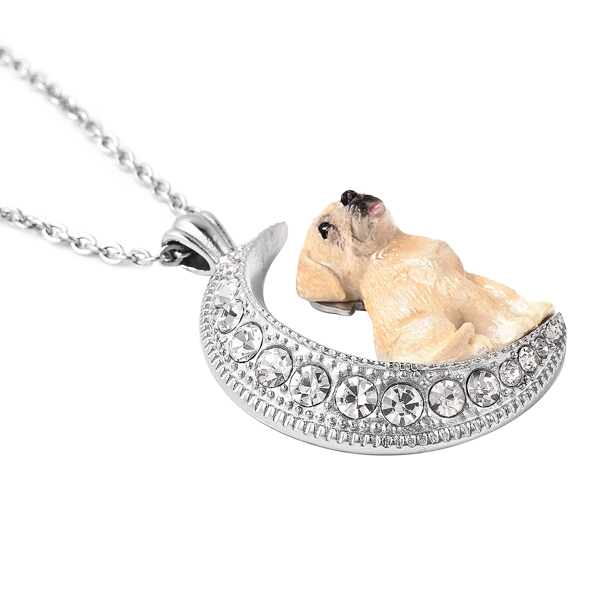 White Austrian Crystal Engraved Moon and Enamelled Labrador Dog Pendant with Chain (Size 20) in Stainless Steel