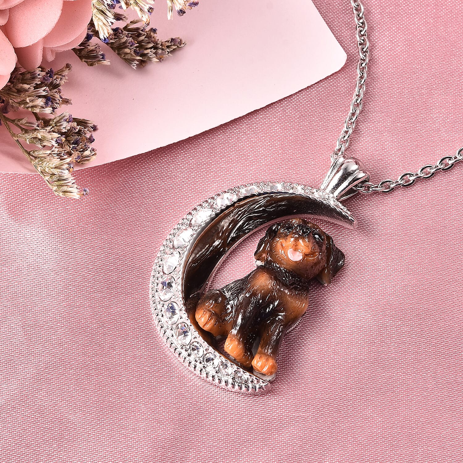 White Austrian Crystal Engraved Moon and Enamelled Rottweiler Dog Pendant with Chain (Size 20) in Stainless Steel