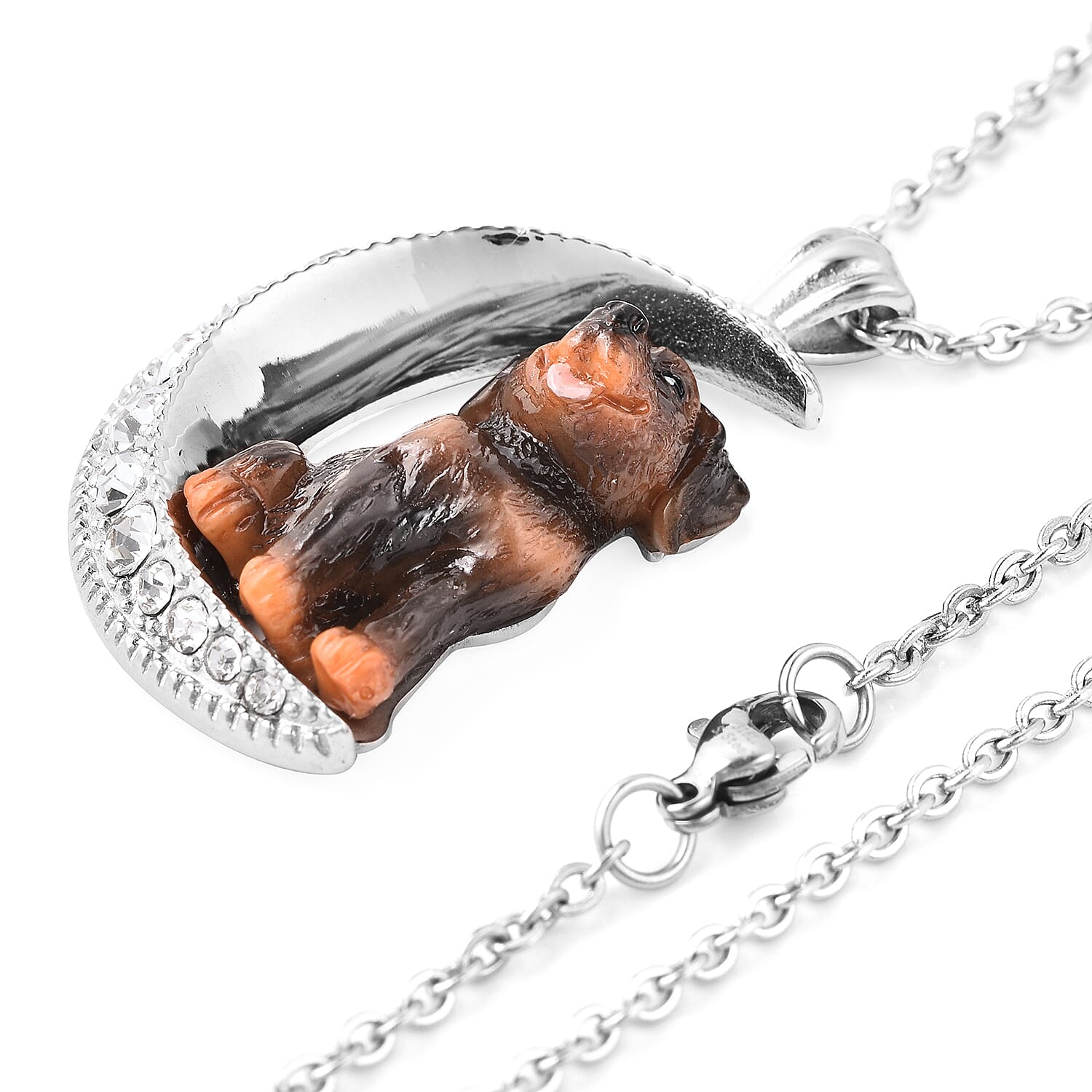 White Austrian Crystal Engraved Moon and Enamelled Rottweiler Dog Pendant with Chain (Size 20) in Stainless Steel