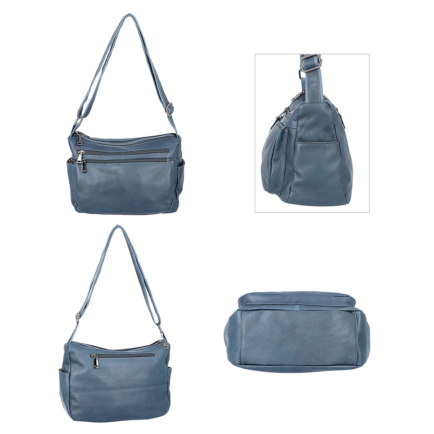 100% Genuine Leather Multiple Pocket Crossbody Bag with Zipper Closure & Adjustable Shoulder Strap (Size 28x23x10 Cm) - Teal Blue