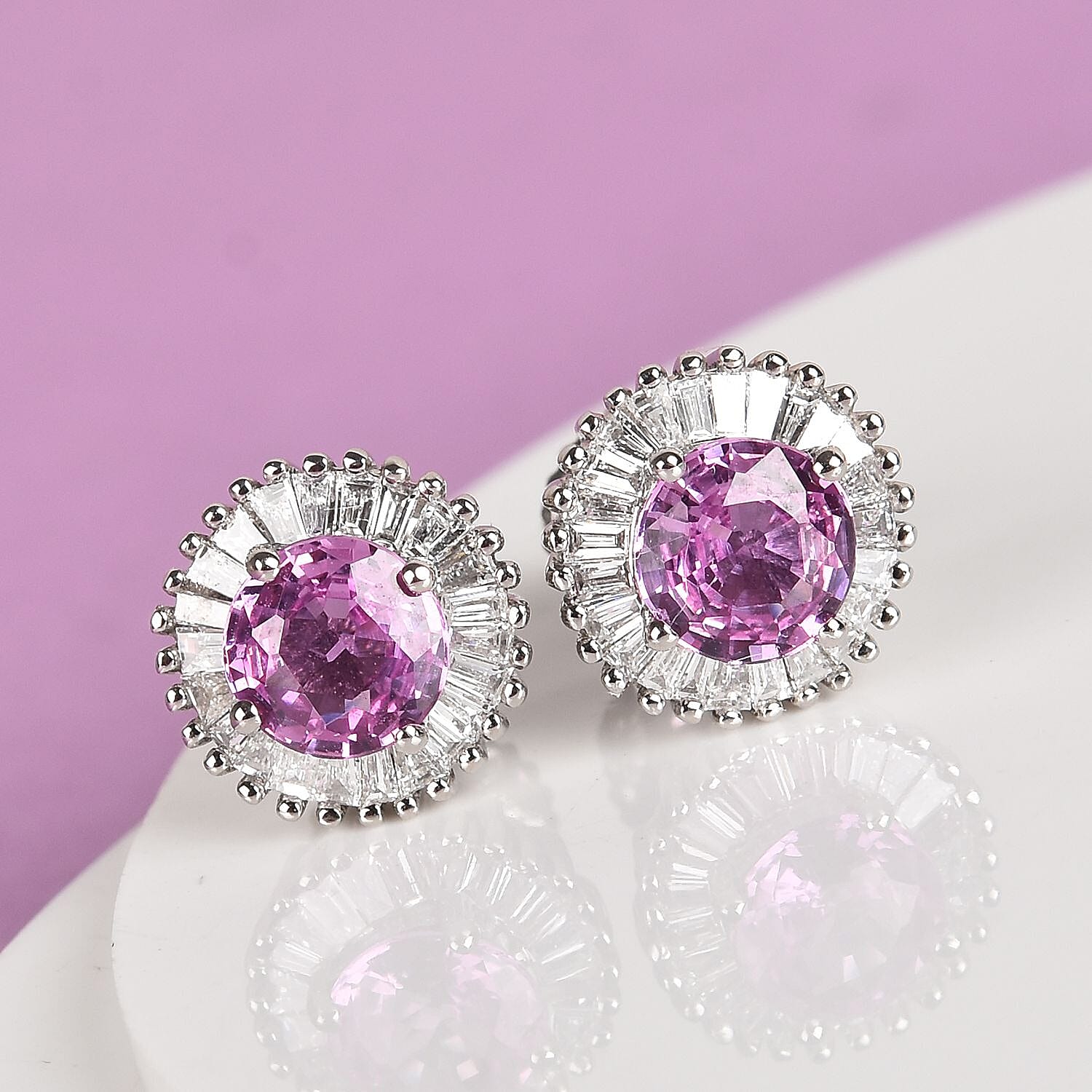 RHAPSODY 950 Platinum AAAA Madagascar Pink Sapphire and Diamond (VS-E-F) Stud Earrings (with Screw Back) 1.40 Ct.