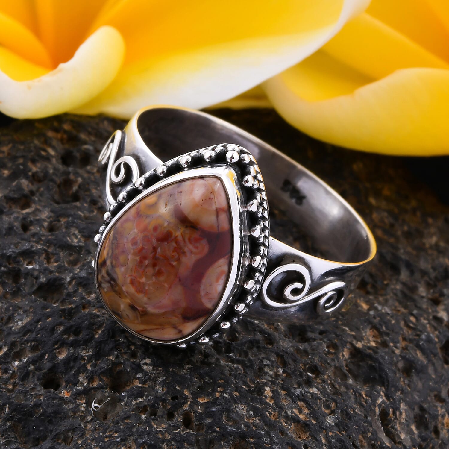 Royal Bali Collection - Peanut Wood Jasper Ring in Sterling Silver 4.38 Ct, Silver wt 3.20 Gms