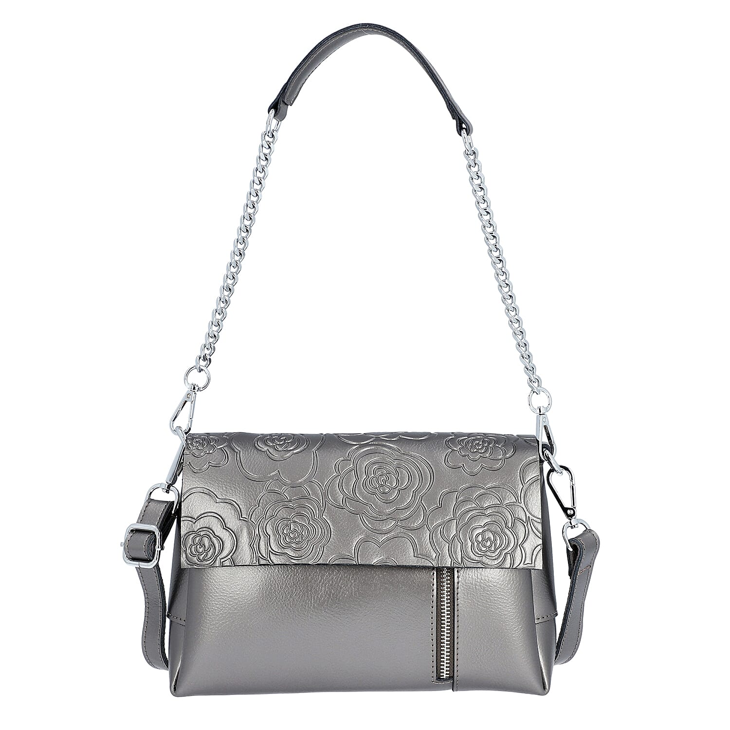 100% Genuine Leather Multiple Pocket Rose Pattern Flap Bag with Detachable Shoulder Strap (Size 25x9x18 Cm) - Grey