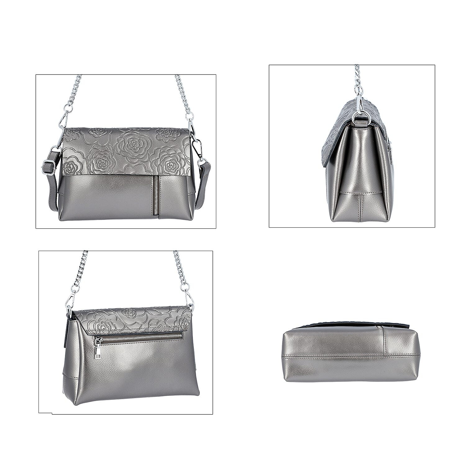 100% Genuine Leather Multiple Pocket Rose Pattern Flap Bag with Detachable Shoulder Strap (Size 25x9x18 Cm) - Grey