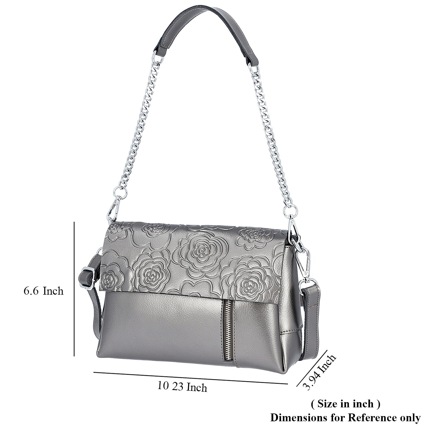 100% Genuine Leather Multiple Pocket Rose Pattern Flap Bag with Detachable Shoulder Strap (Size 25x9x18 Cm) - Grey