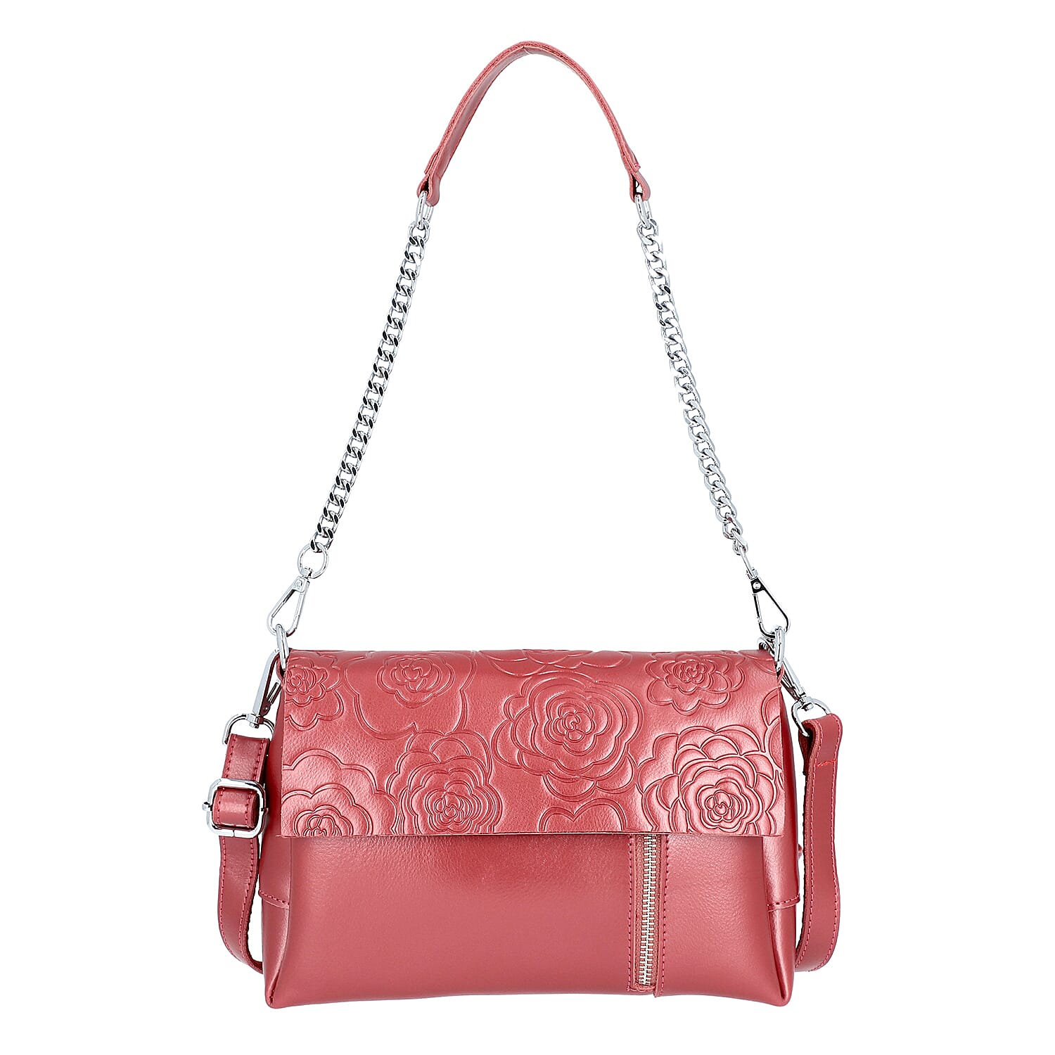 100% Genuine Leather Multiple Pocket Rose Pattern Flap Bag with Detachable Shoulder Strap (Size 25x9x18 Cm) - Red