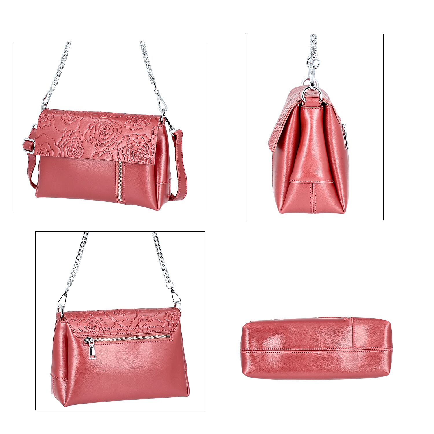 100% Genuine Leather Multiple Pocket Rose Pattern Flap Bag with Detachable Shoulder Strap (Size 25x9x18 Cm) - Red