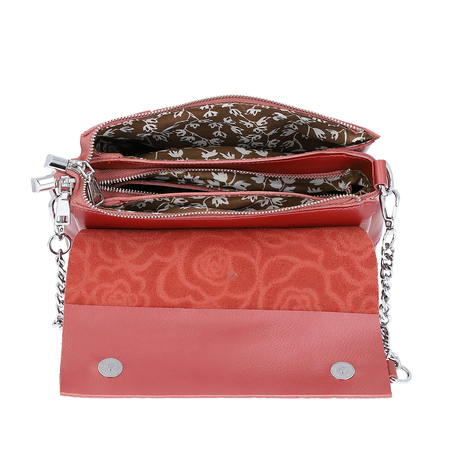 100% Genuine Leather Multiple Pocket Rose Pattern Flap Bag with Detachable Shoulder Strap (Size 25x9x18 Cm) - Red