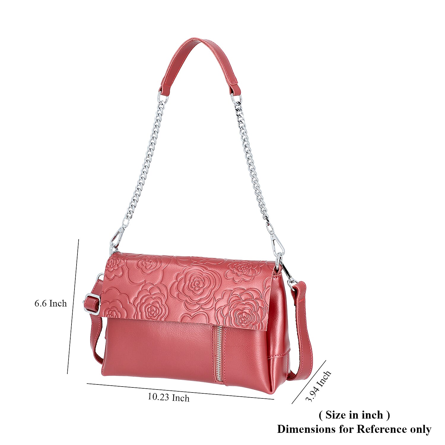 100% Genuine Leather Multiple Pocket Rose Pattern Flap Bag with Detachable Shoulder Strap (Size 25x9x18 Cm) - Red