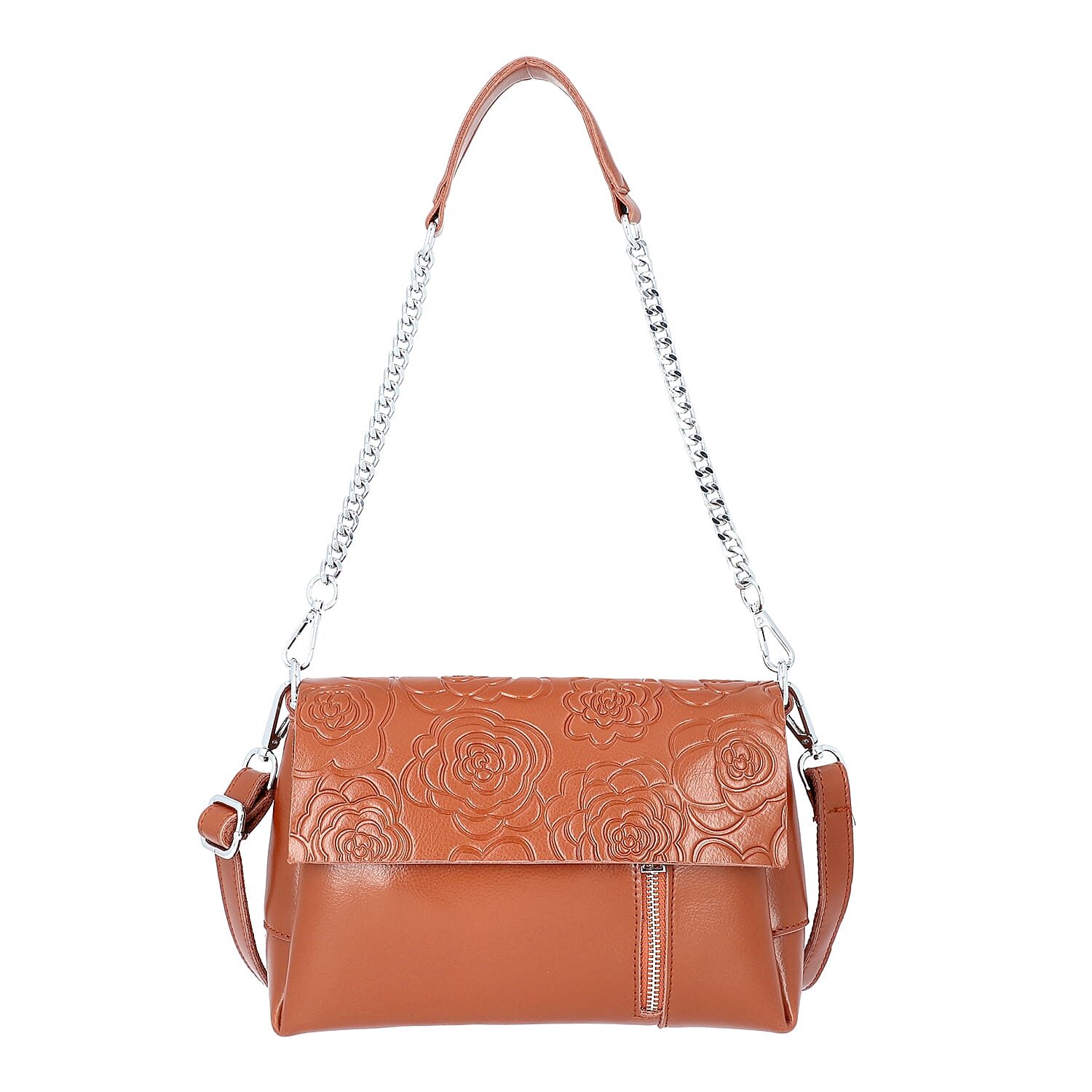100% Genuine Leather Multiple Pocket Rose Pattern Flap Bag with Detachable Shoulder Strap (Size 25x9x18 Cm) - Tan