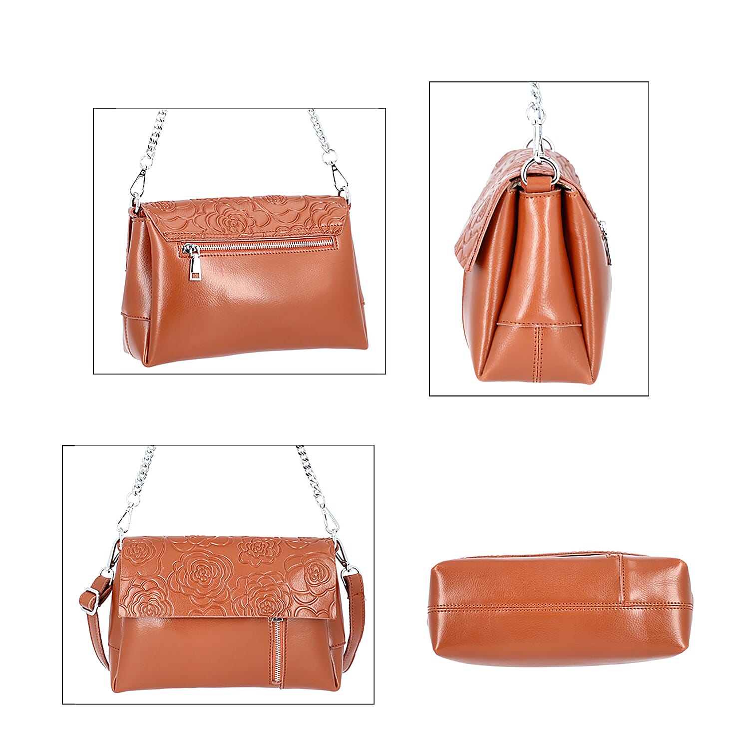 100% Genuine Leather Multiple Pocket Rose Pattern Flap Bag with Detachable Shoulder Strap (Size 25x9x18 Cm) - Tan