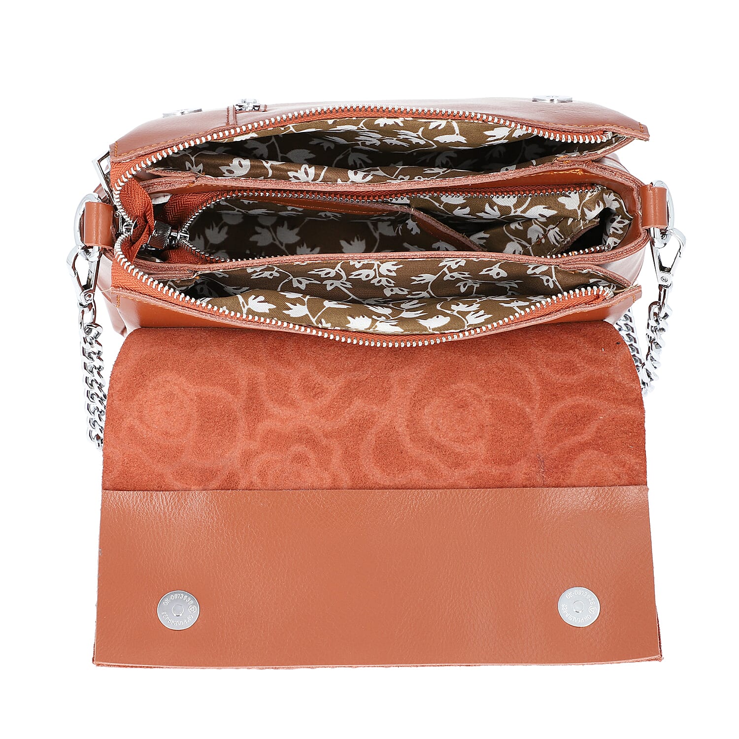 100% Genuine Leather Multiple Pocket Rose Pattern Flap Bag with Detachable Shoulder Strap (Size 25x9x18 Cm) - Tan