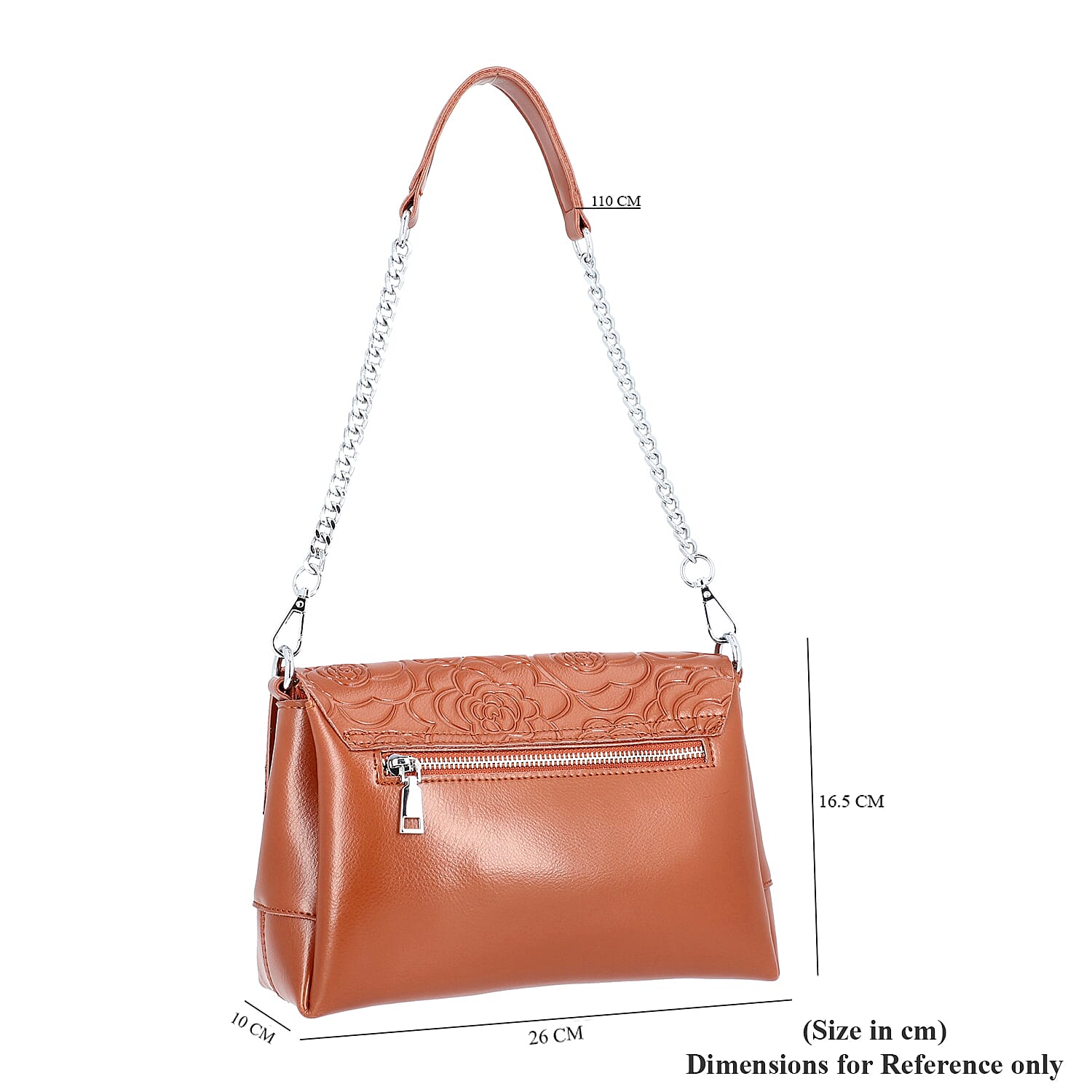 100% Genuine Leather Multiple Pocket Rose Pattern Flap Bag with Detachable Shoulder Strap (Size 25x9x18 Cm) - Tan