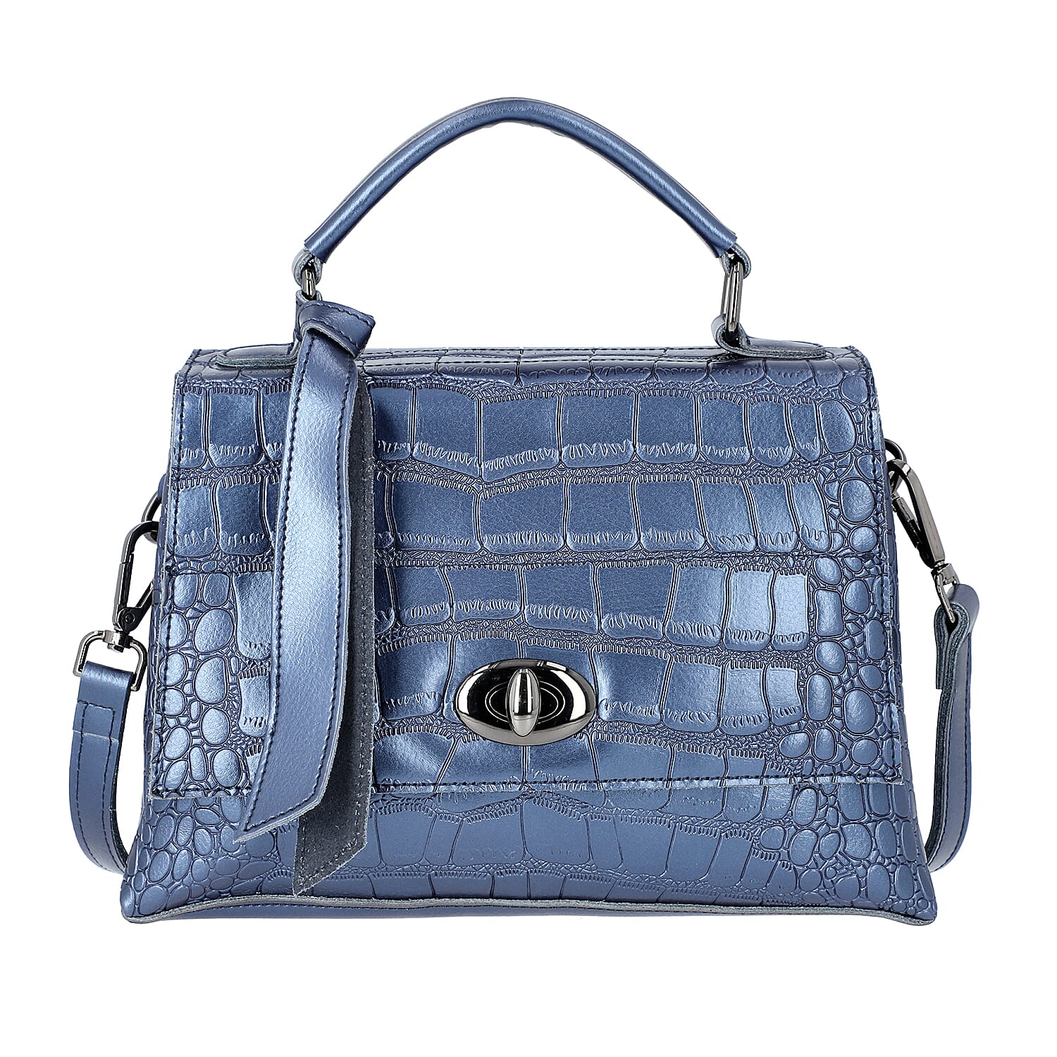 100% Genuine Leather Croc Embossed Satchel Bag with Detachable Shoulder Strap (Size 26.5x10.5x18.5 Cm) - Navy