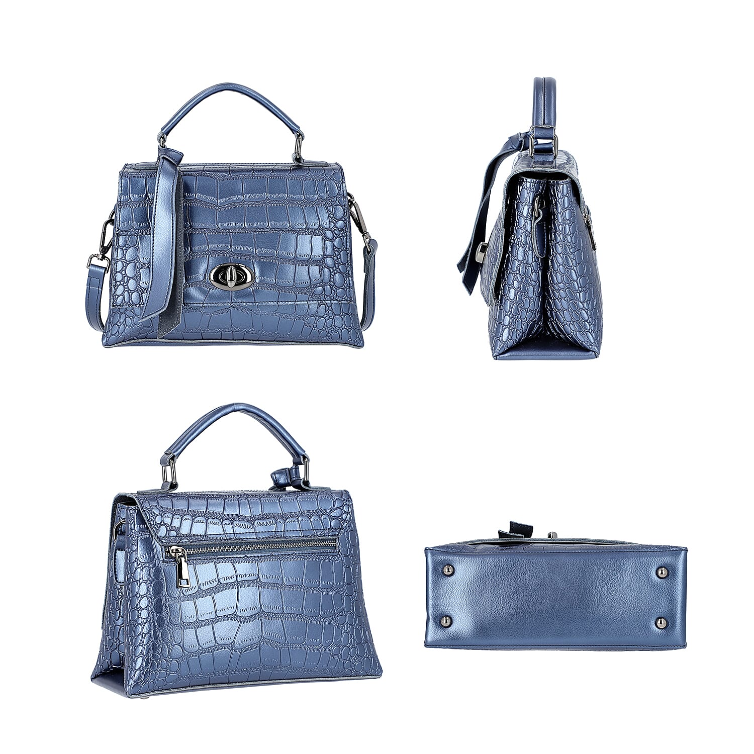 100% Genuine Leather Croc Embossed Satchel Bag with Detachable Shoulder Strap (Size 26.5x10.5x18.5 Cm) - Navy