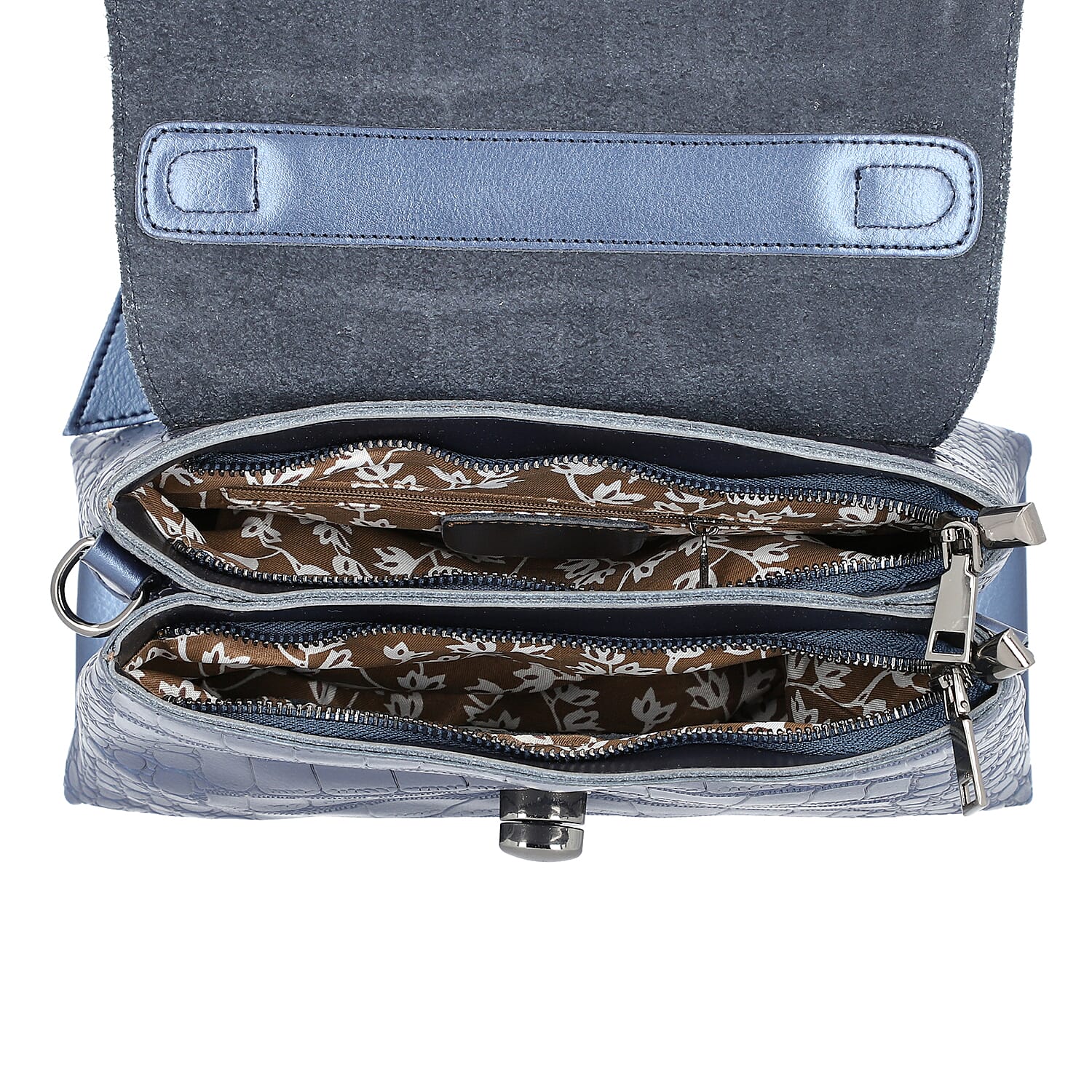 100% Genuine Leather Croc Embossed Satchel Bag with Detachable Shoulder Strap (Size 26.5x10.5x18.5 Cm) - Navy