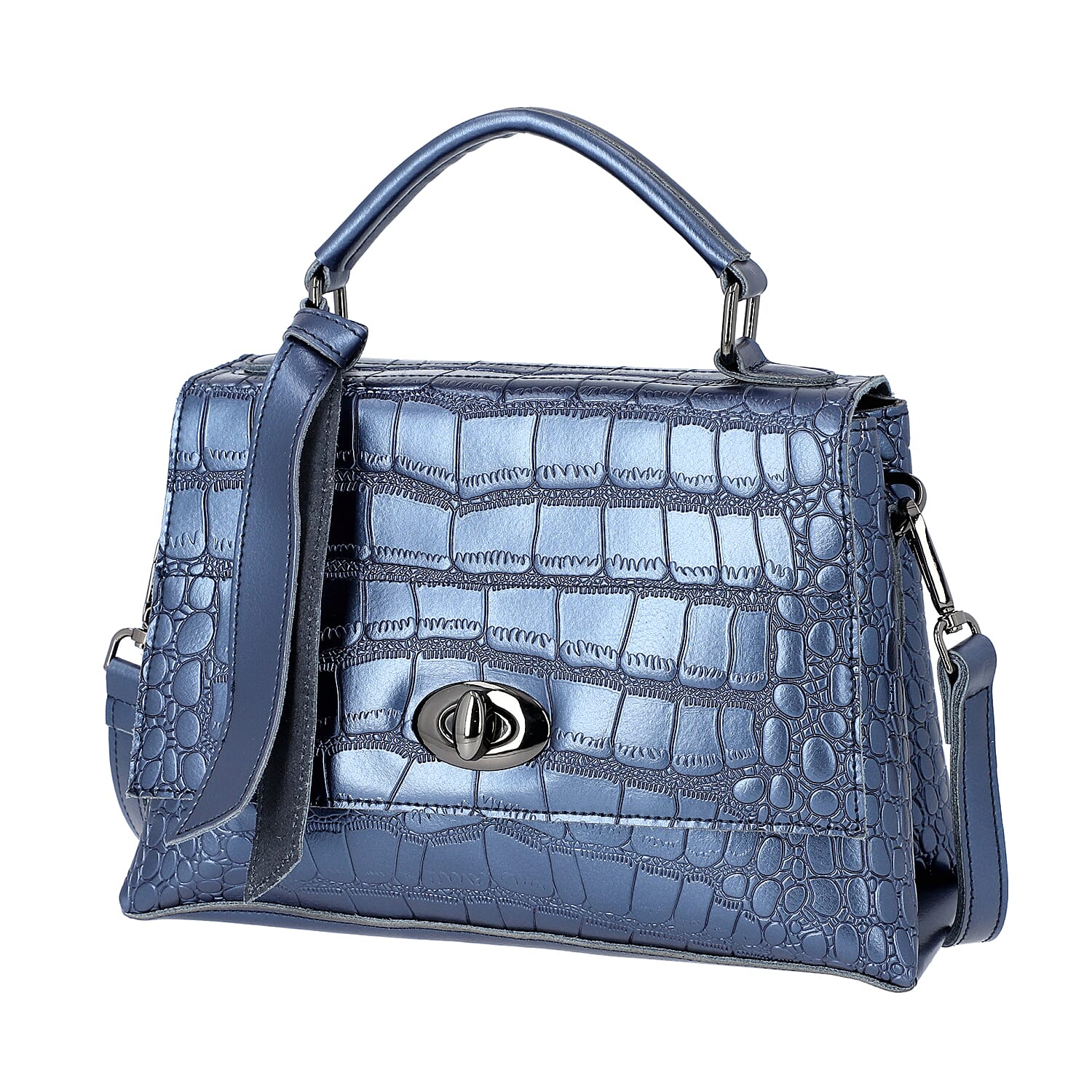 100% Genuine Leather Croc Embossed Satchel Bag with Detachable Shoulder Strap (Size 26.5x10.5x18.5 Cm) - Navy