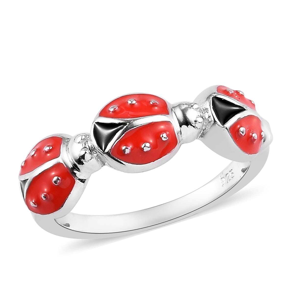 Platinum Overlay Sterling Silver Enamelled Ladybug Ring