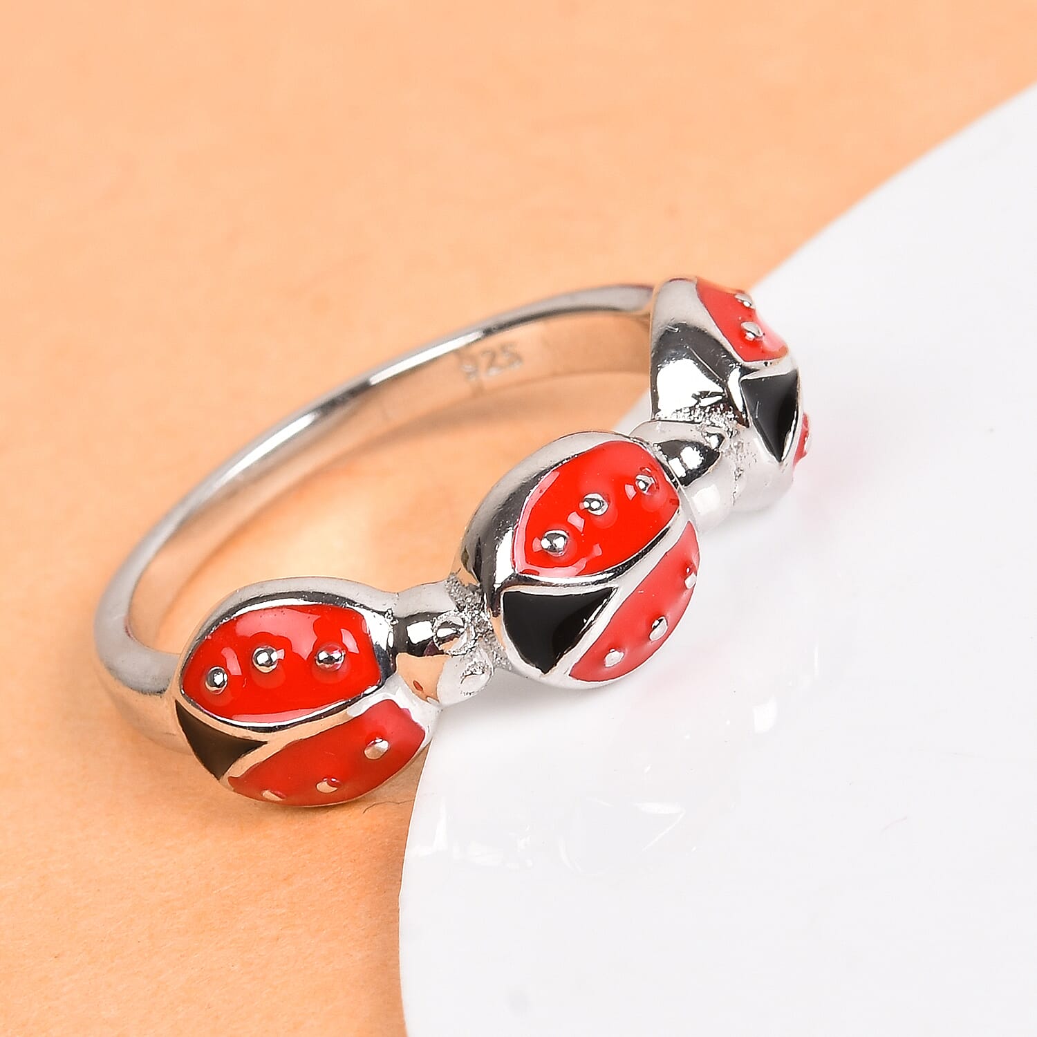 Platinum Overlay Sterling Silver Enamelled Ladybug Ring