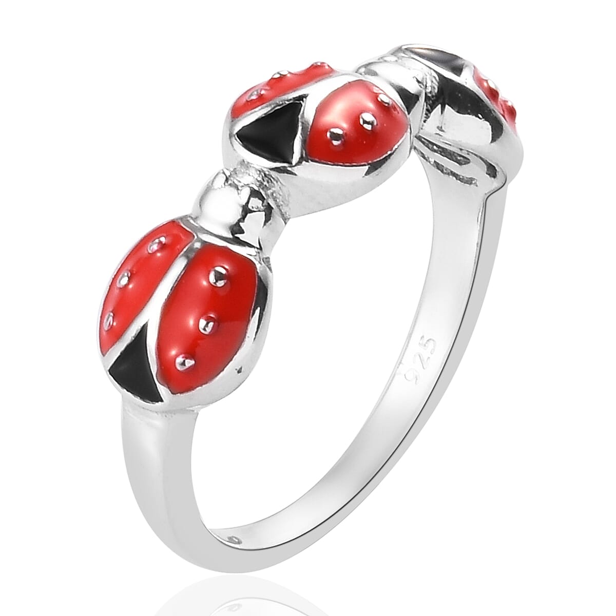 Platinum Overlay Sterling Silver Enamelled Ladybug Ring