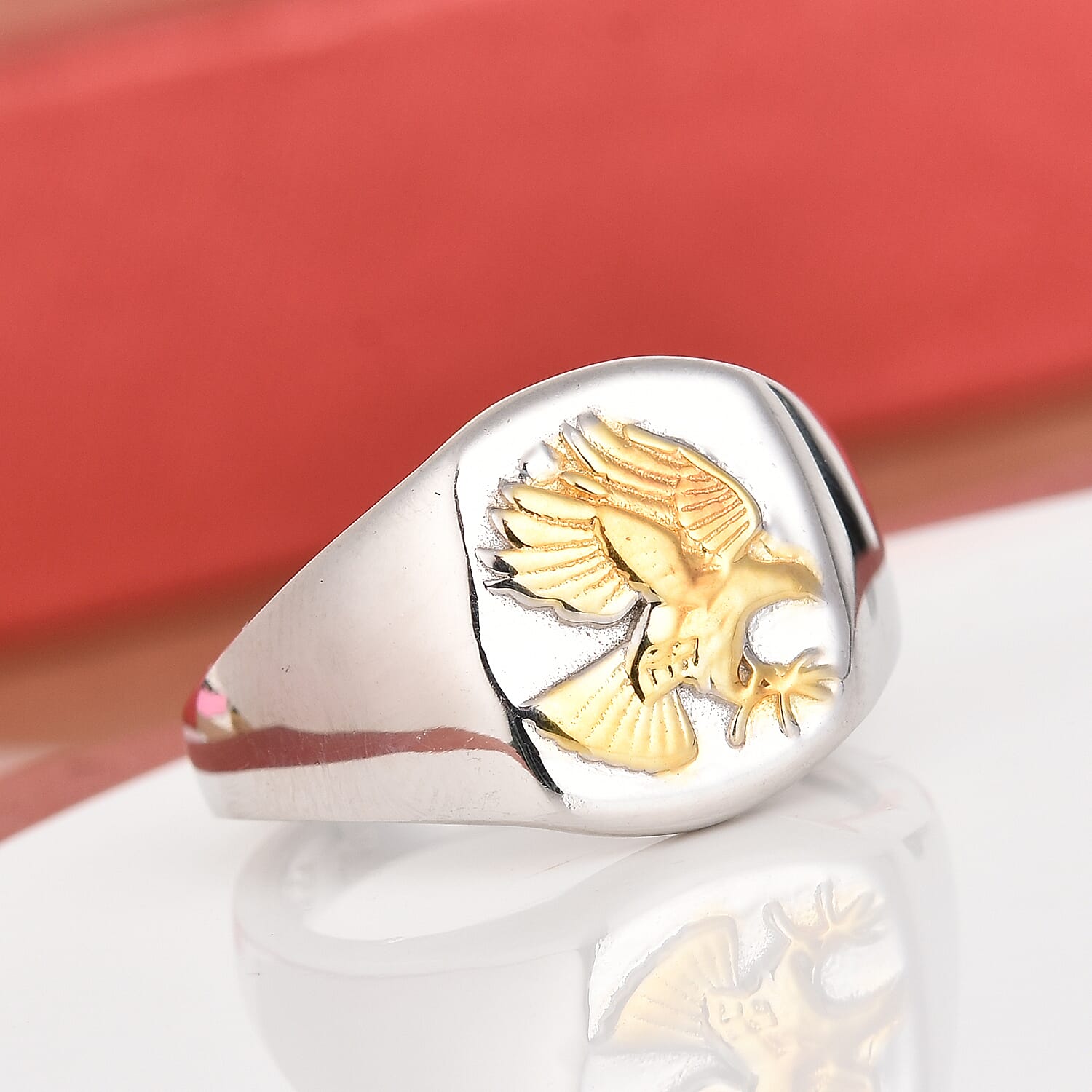 Platinum and Yellow Gold Overlay Sterling Silver Eagle Signet Ring, Silver wt. 5.00 Gms