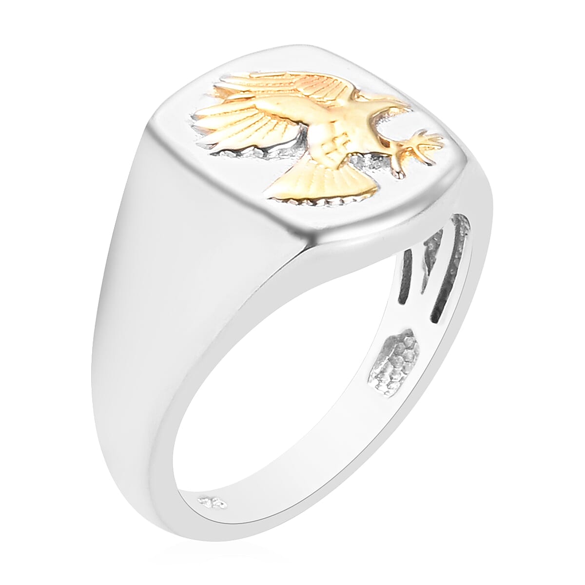 Platinum and Yellow Gold Overlay Sterling Silver Eagle Signet Ring, Silver wt. 5.00 Gms