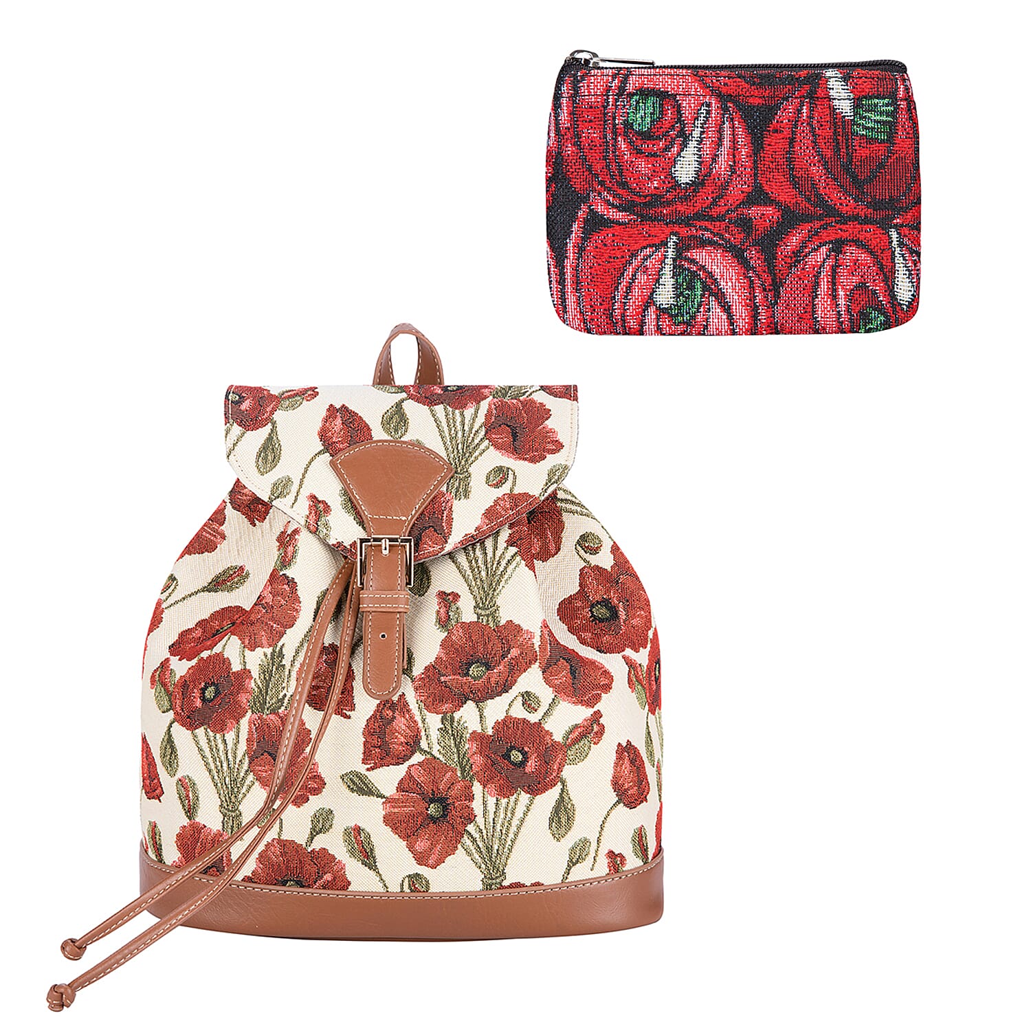 Signare Tapestry - 2 Piece Set -  Floral Design Backpack and FREE Mackintosh Simple Rose Zip Coin Purse - Cream and Multi