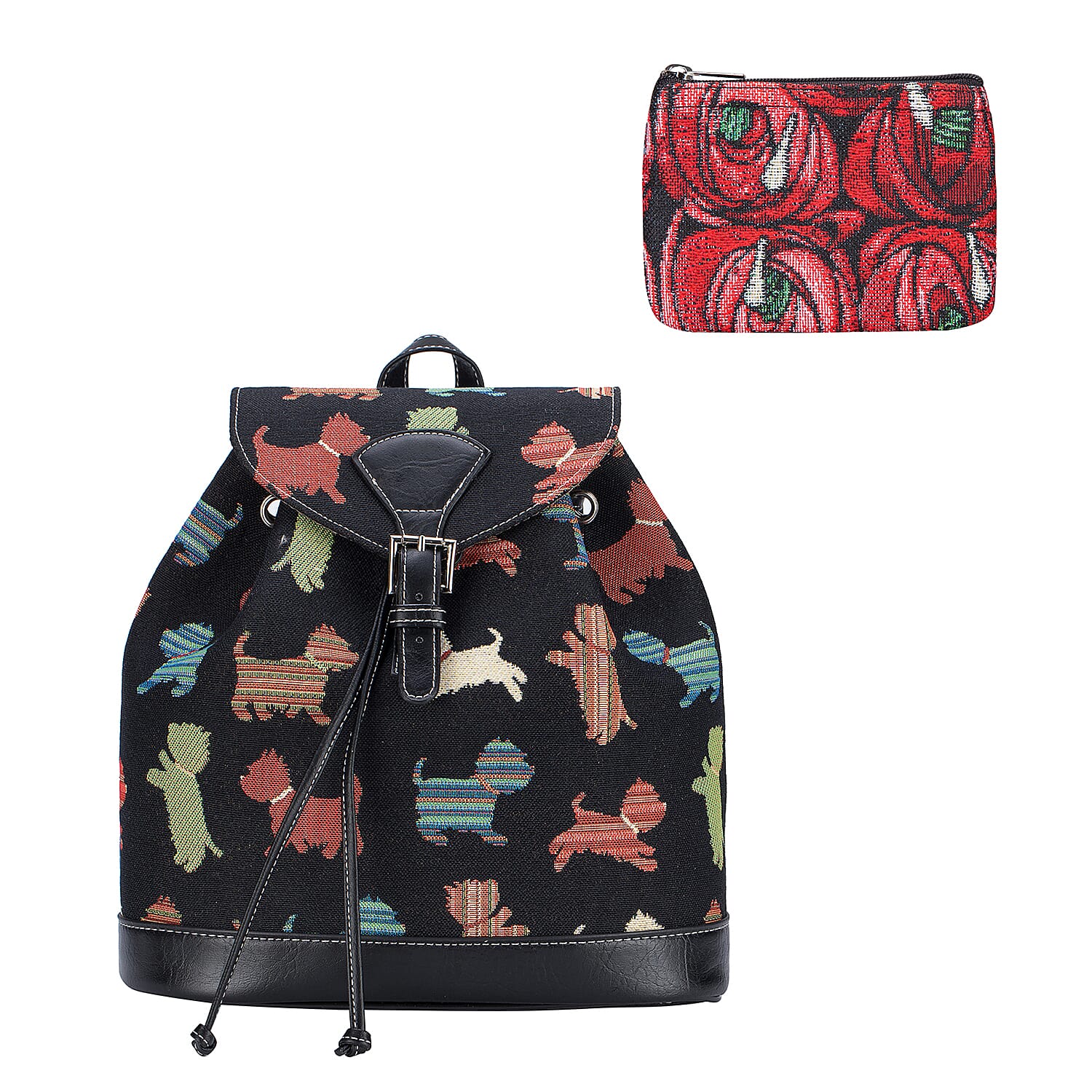 Signare Tapestry - 2 Piece Set - Puppy Design Backpack and FREE Mackintosh Simple Rose Zip Coin Purse - Black and Multi