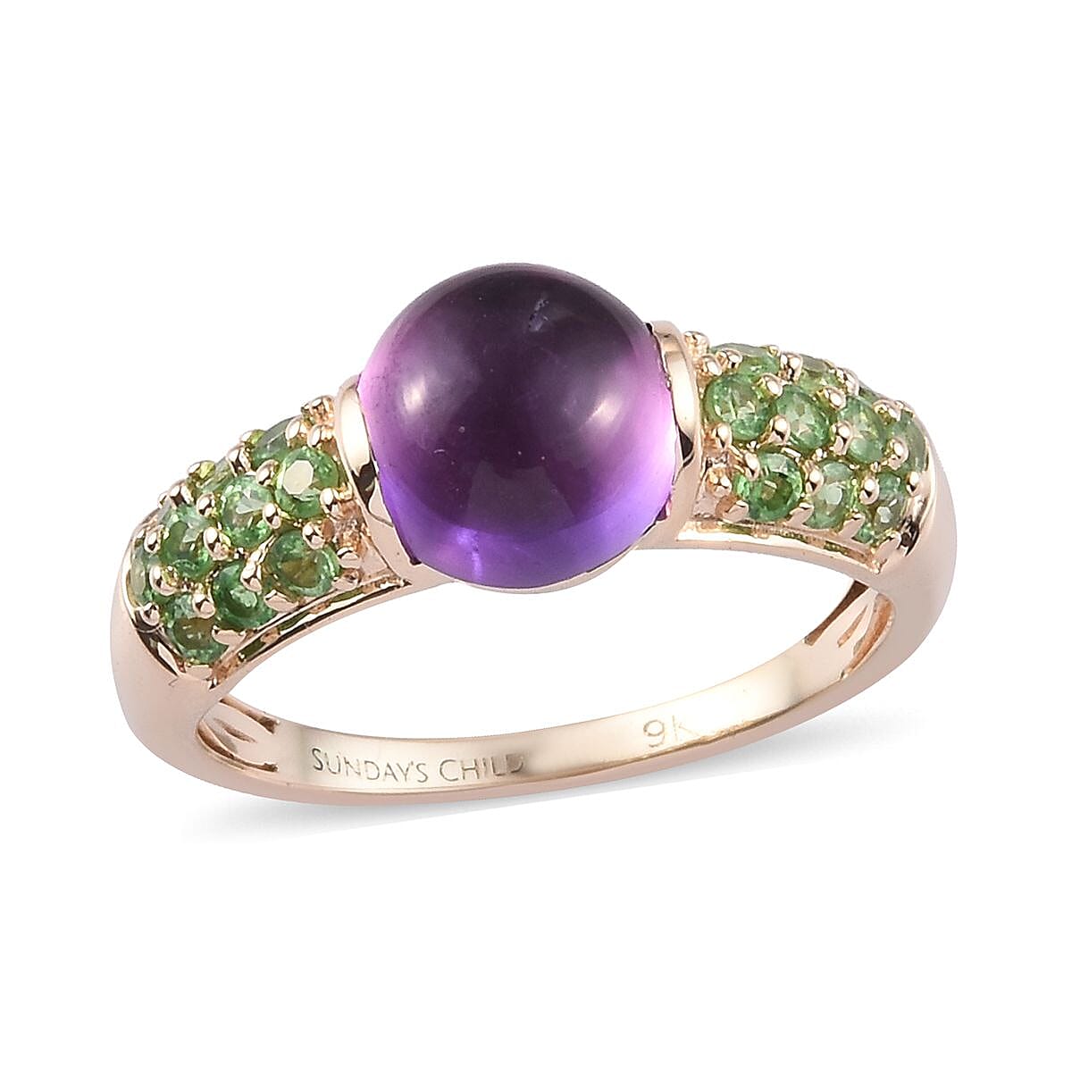 Sundays Child - 9K Y Gold AAAA Zambian Amethyst and Tsavorite Garnet Ring 3.00 Ct.