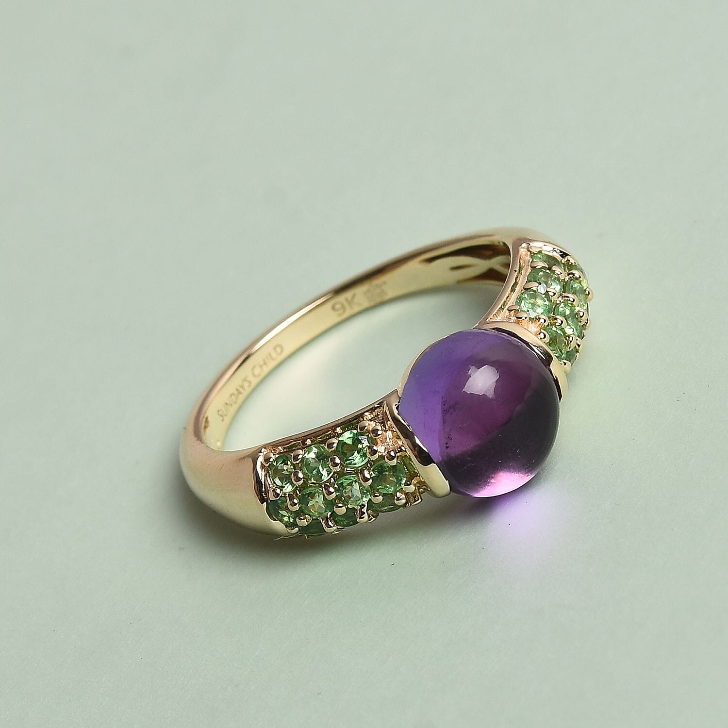 Sundays Child - 9K Y Gold AAAA Zambian Amethyst and Tsavorite Garnet Ring 3.00 Ct.