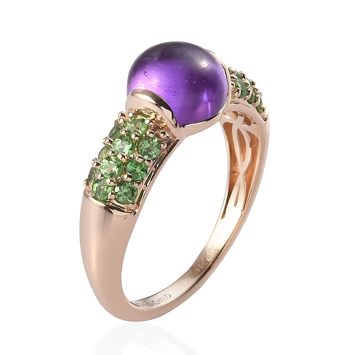 Sundays Child - 9K Y Gold AAAA Zambian Amethyst and Tsavorite Garnet Ring 3.00 Ct.