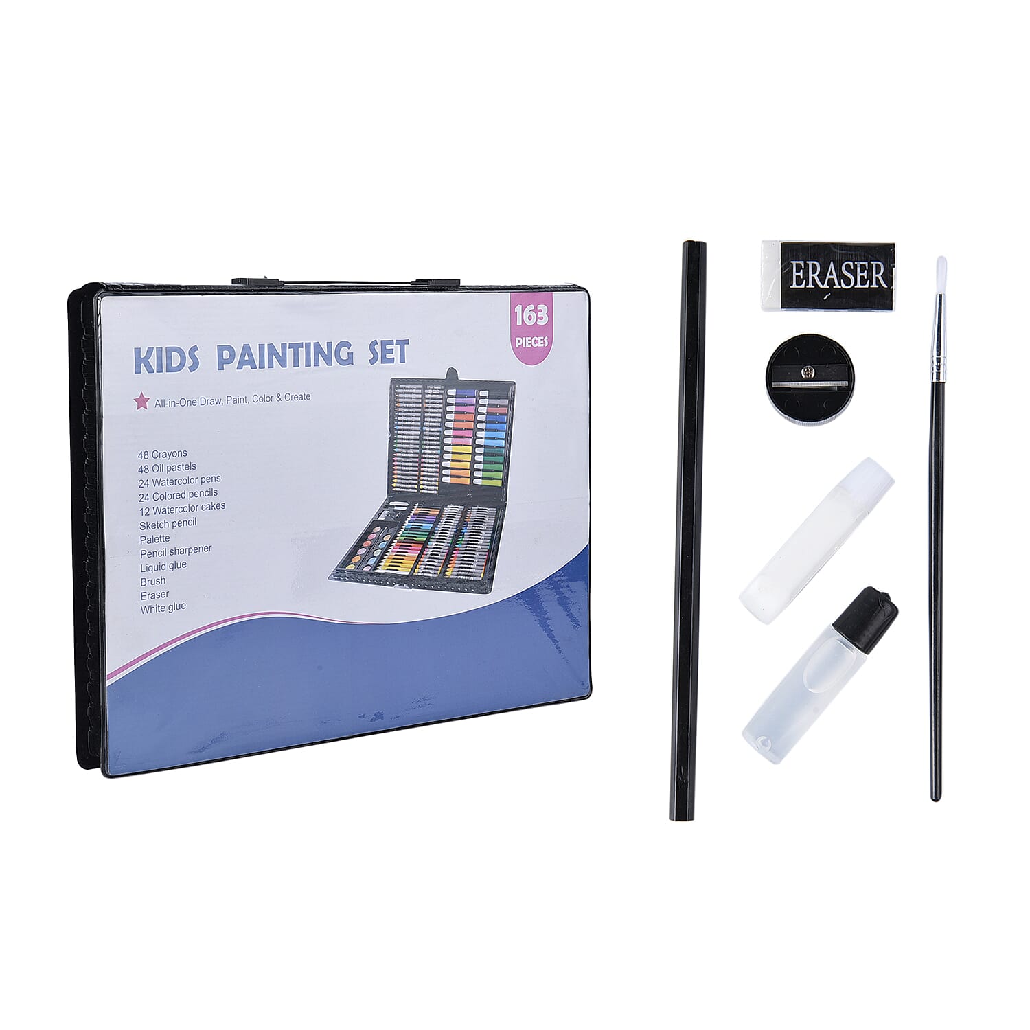 Kids Painting Kit (Including 48 Pcs Crayons, 48 Pcs Oil Pastels, 24Pcs Colour pencils, 12pcs Water colour and 1 Pc Brush Pen, Sharpener, Eraser,Glue, Sketch Pencil) (Box Size 40x30 Cm)