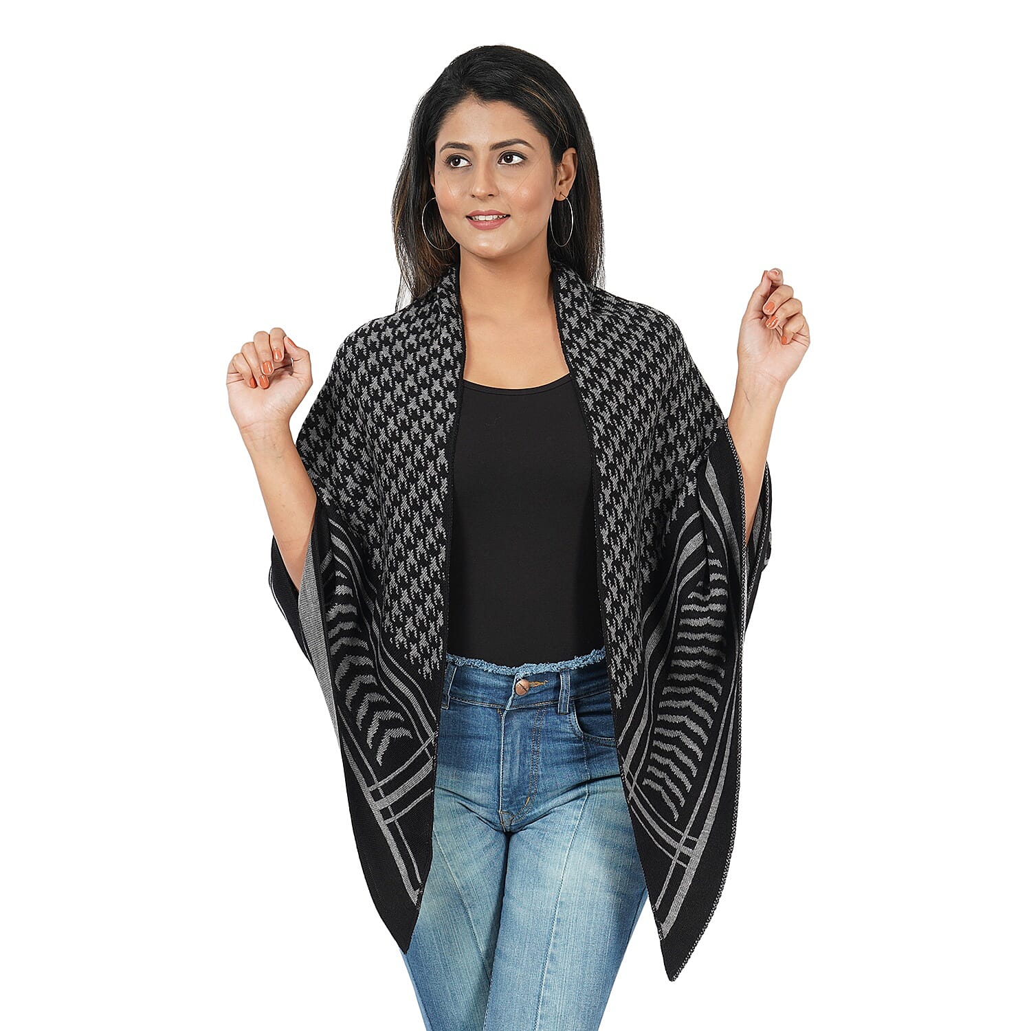 Jacquard Knit Kimono (L- 100m, W- 100cm) - Grey and Black
