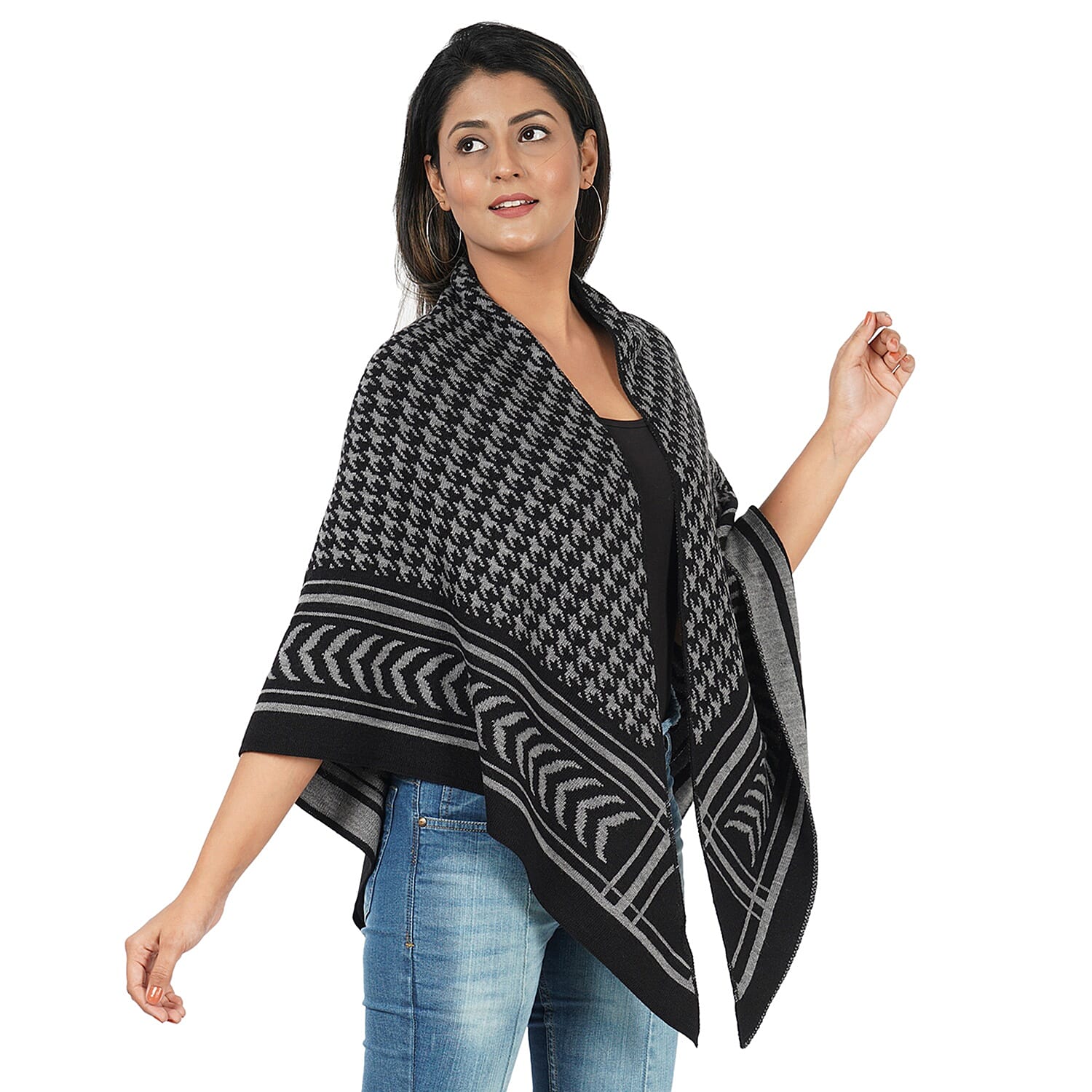 Jacquard Knit Kimono (L- 100m, W- 100cm) - Grey and Black