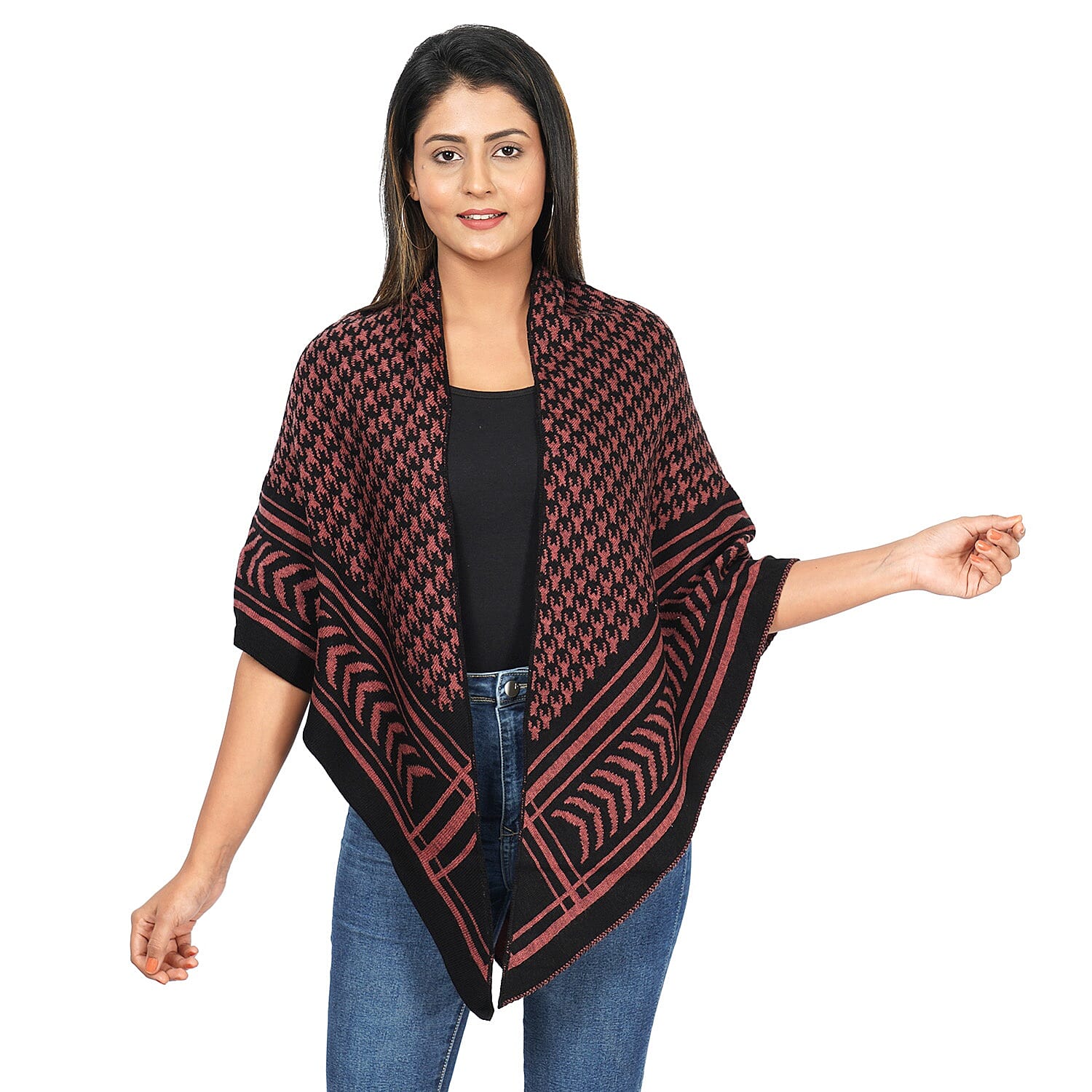 Jacquard Knit Kimono (L: 100m, W: 100cm) - Black and Sandstone Colour