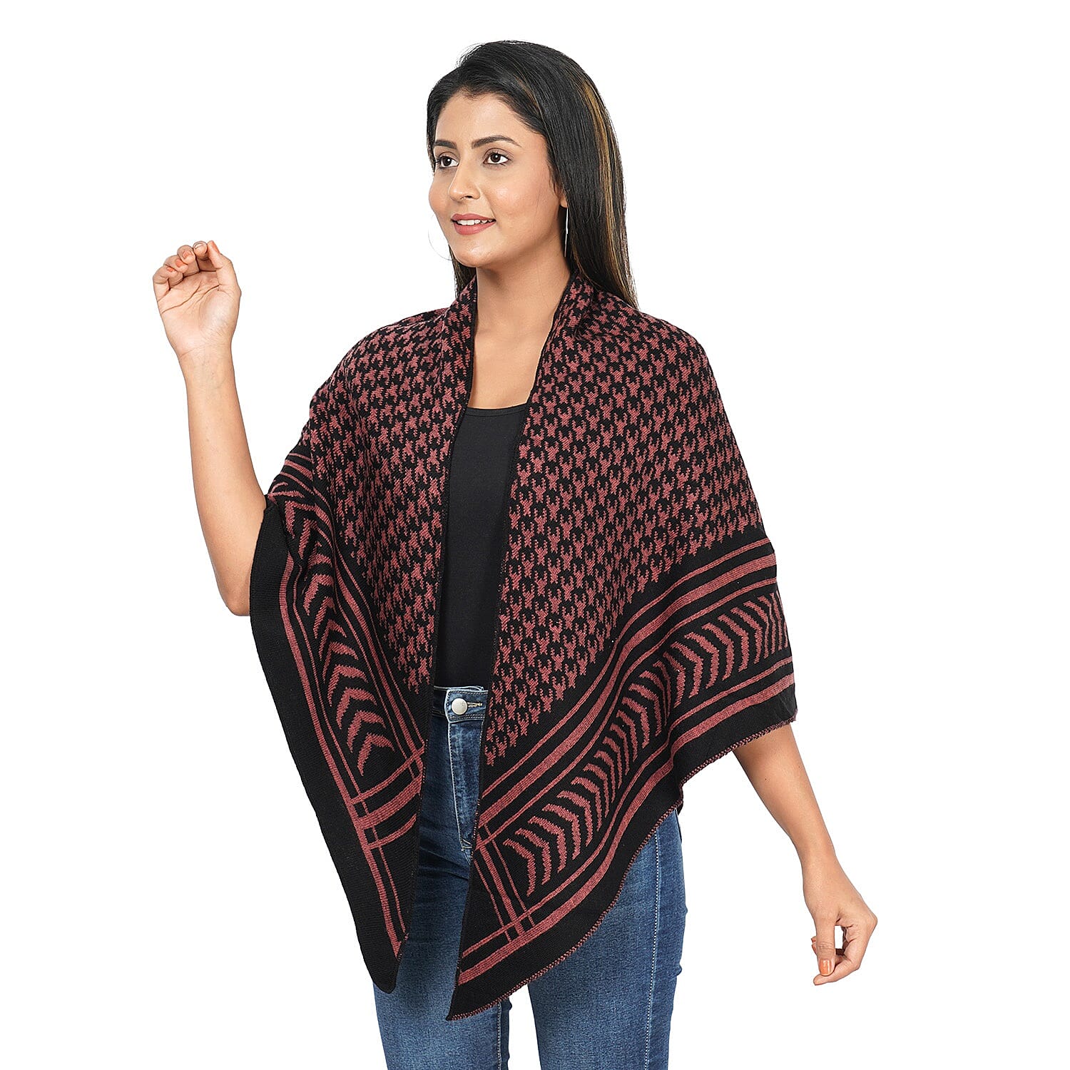 Jacquard Knit Kimono (L: 100m, W: 100cm) - Black and Sandstone Colour