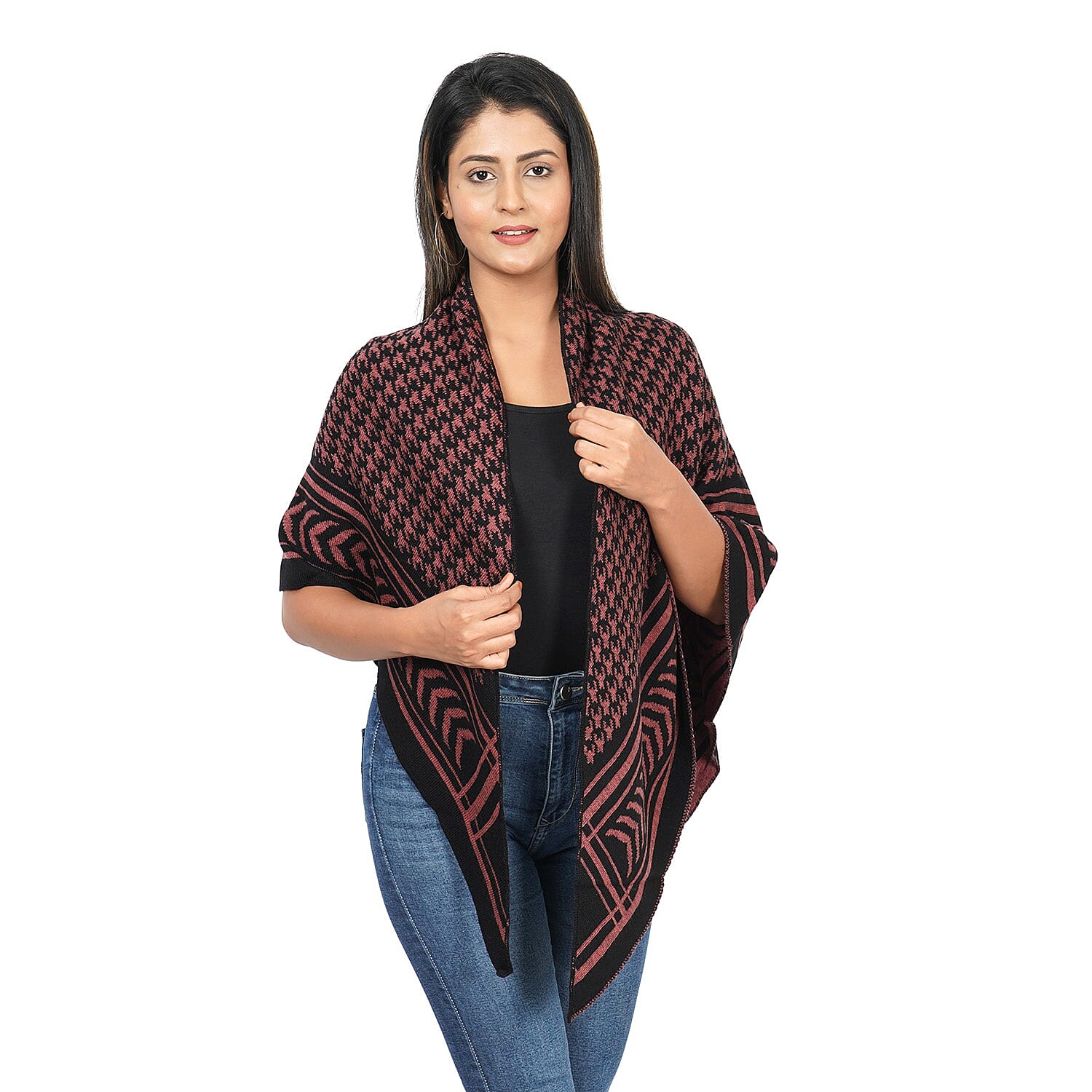 Jacquard Knit Kimono (L: 100m, W: 100cm) - Black and Sandstone Colour