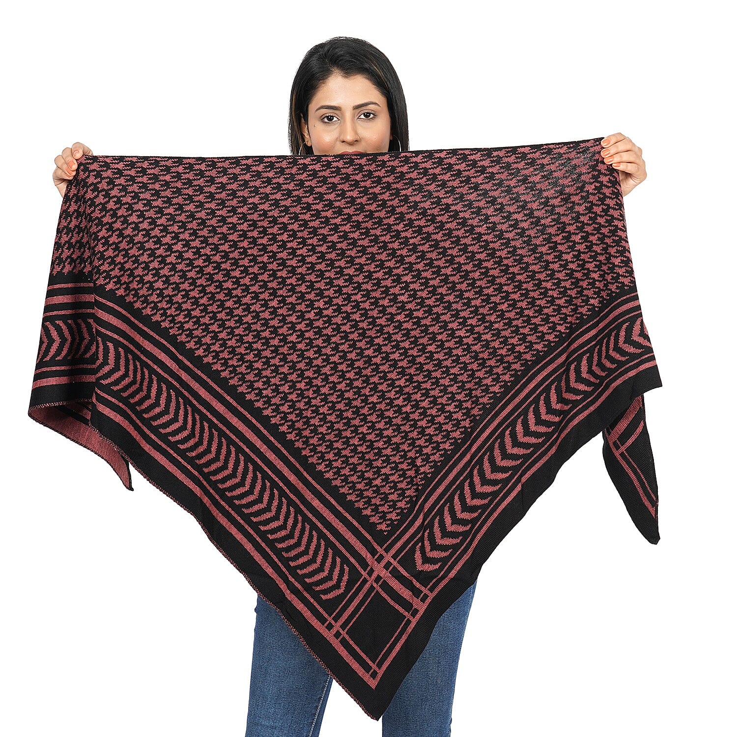 Jacquard Knit Kimono (L: 100m, W: 100cm) - Black and Sandstone Colour