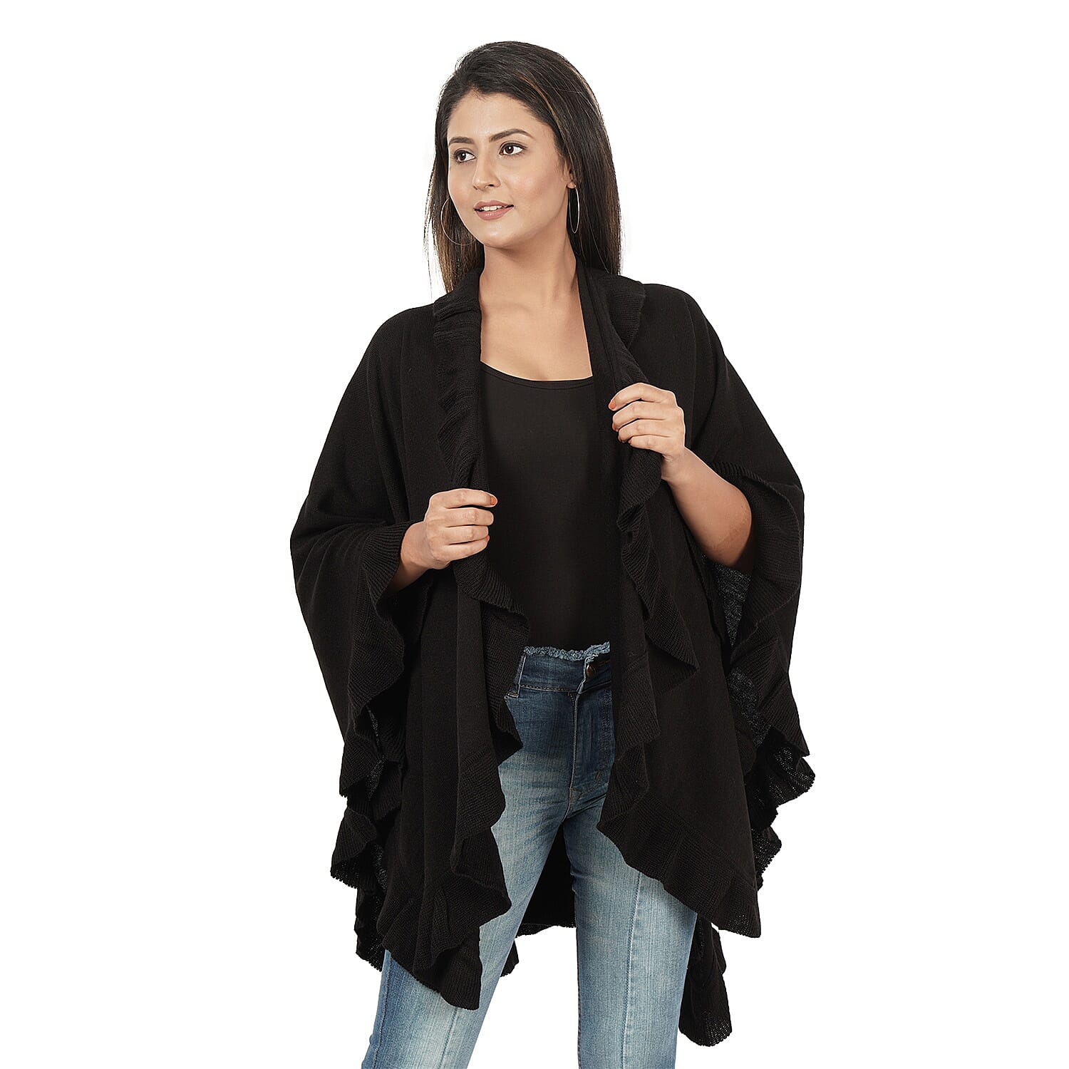 Knit Kimono with Frilled Hemline (L: 150cm, W: 140cm) - Black