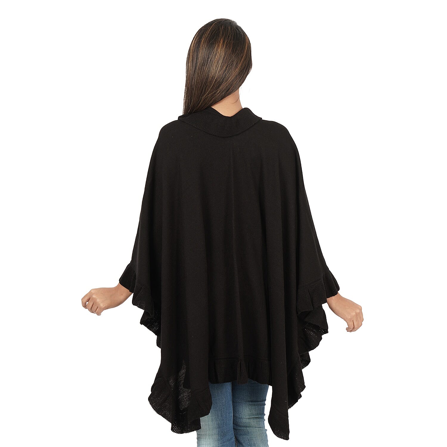 Knit Kimono with Frilled Hemline (L: 150cm, W: 140cm) - Black