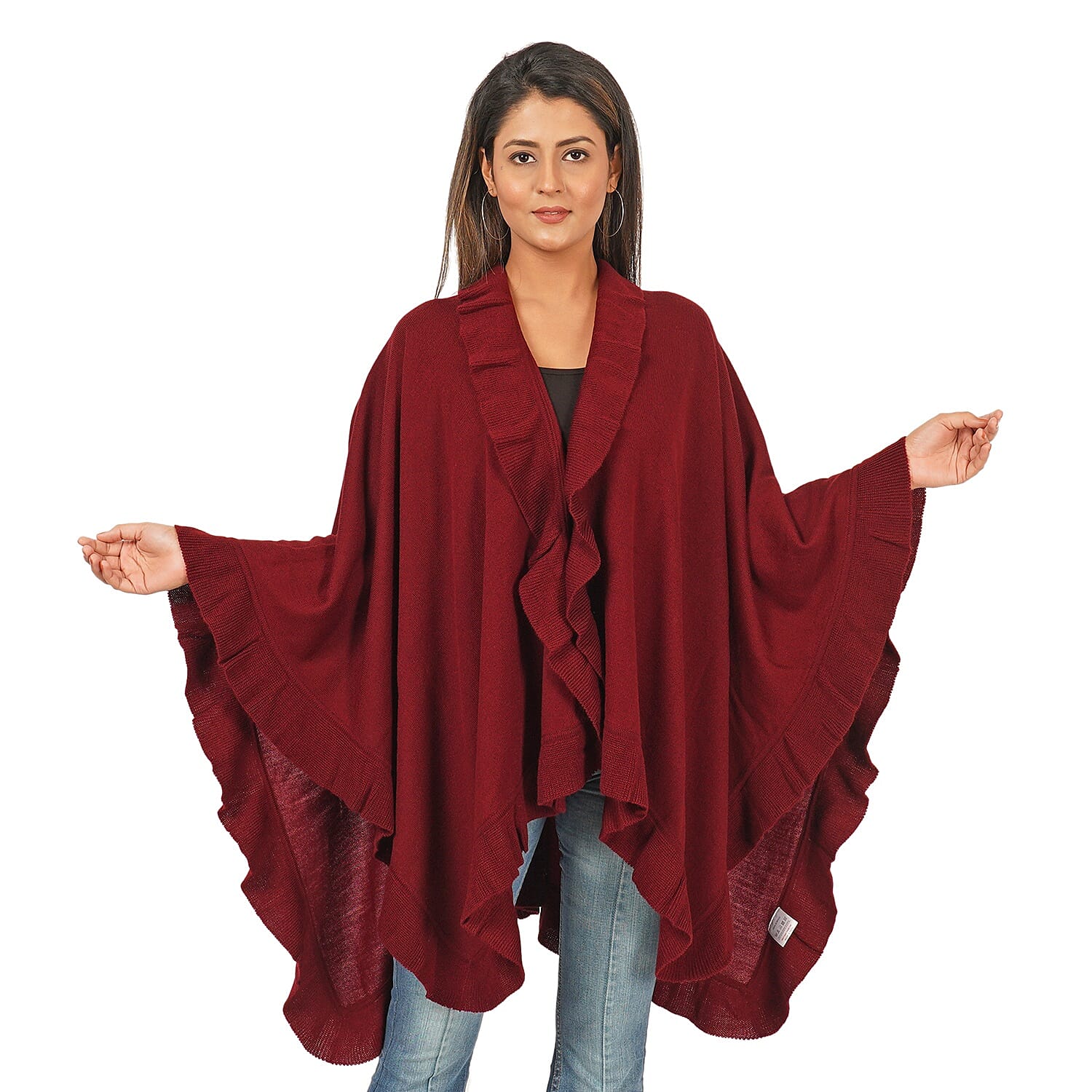 Knit Kimono with Frilled Hemline (L: 150cm, W: 140cm) - Burgundy